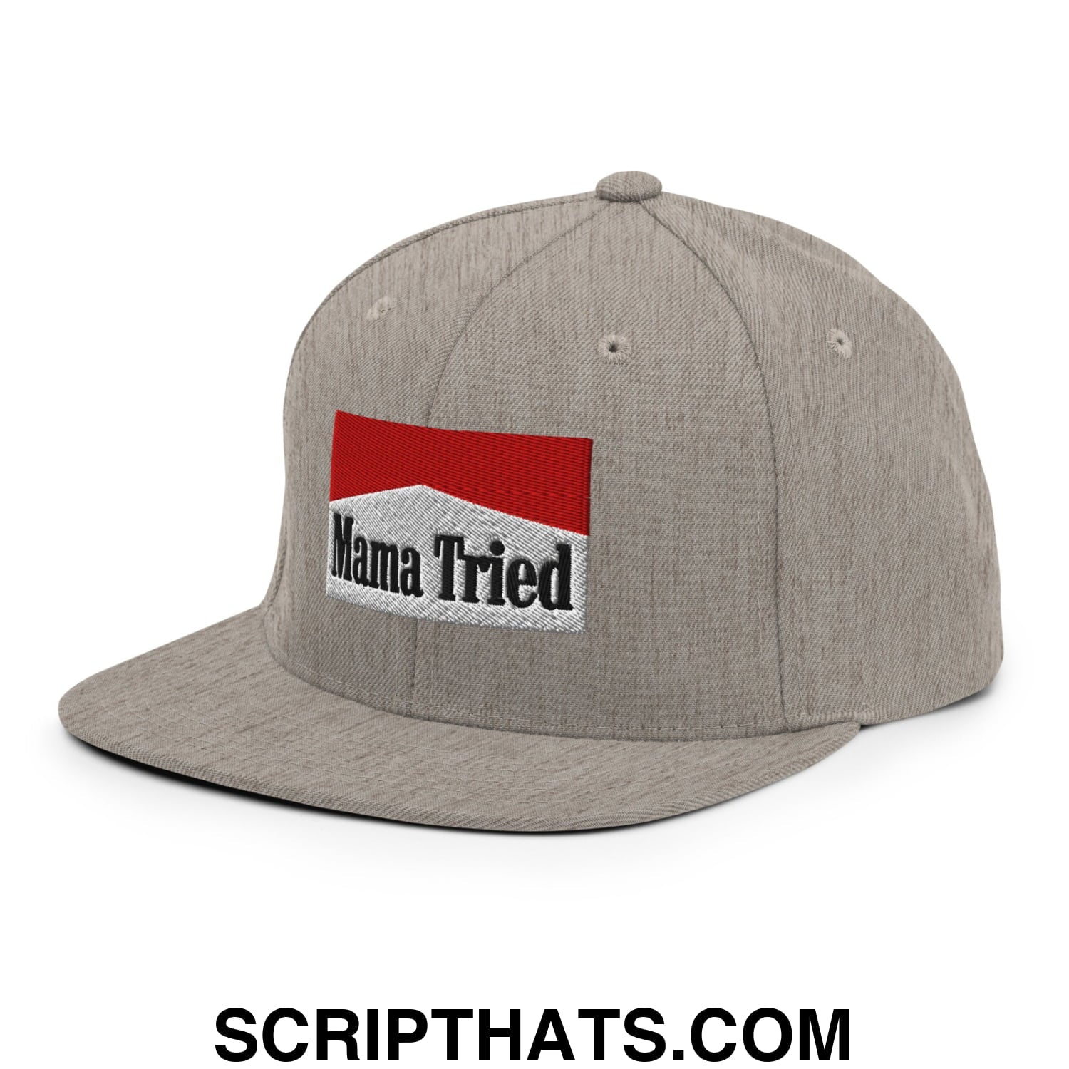 Mama Tried Cigarette Red Embroidered Flat Bill Brim Snapback Hat Heather Grey