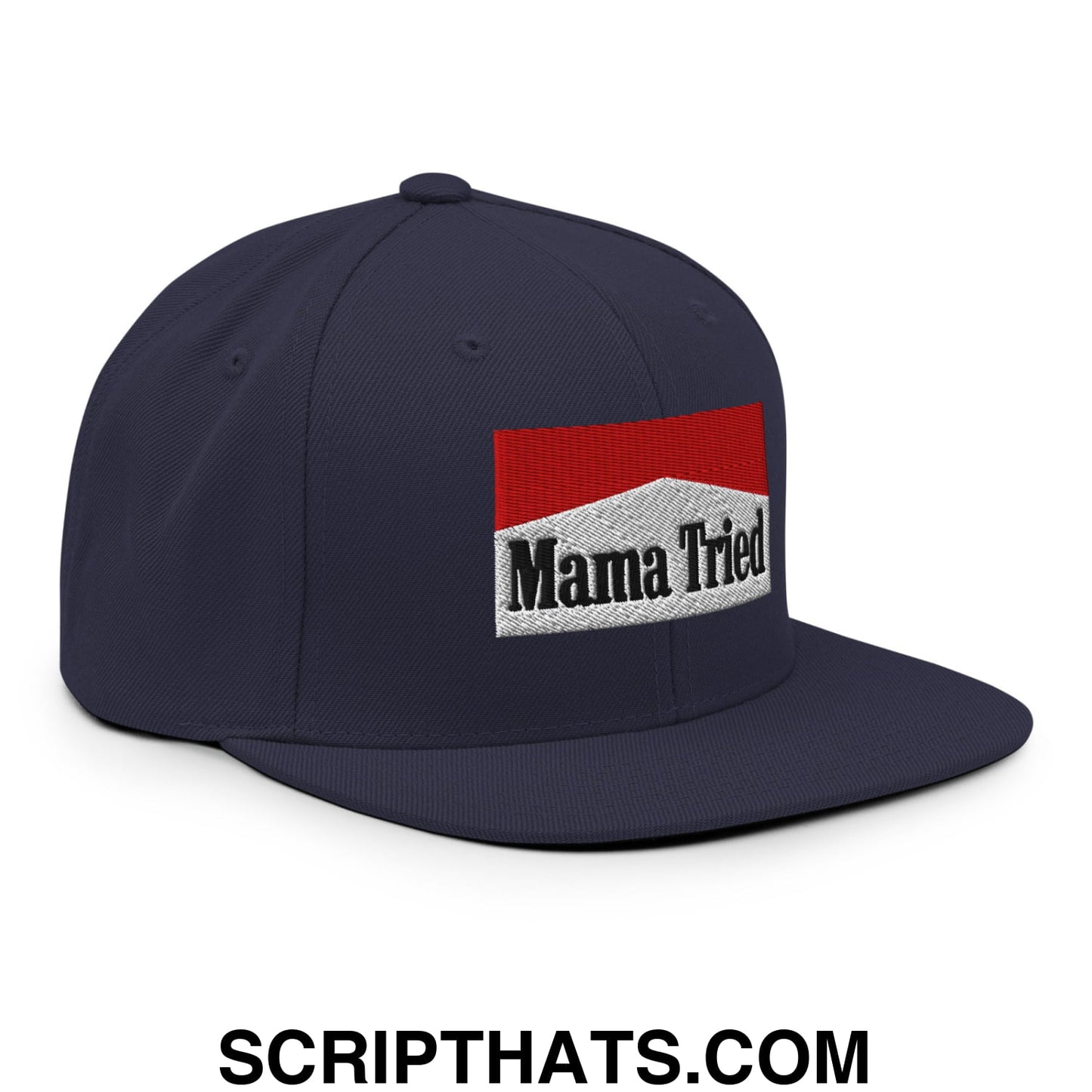 Mama Tried Cigarette Red Embroidered Flat Bill Brim Snapback Hat Navy