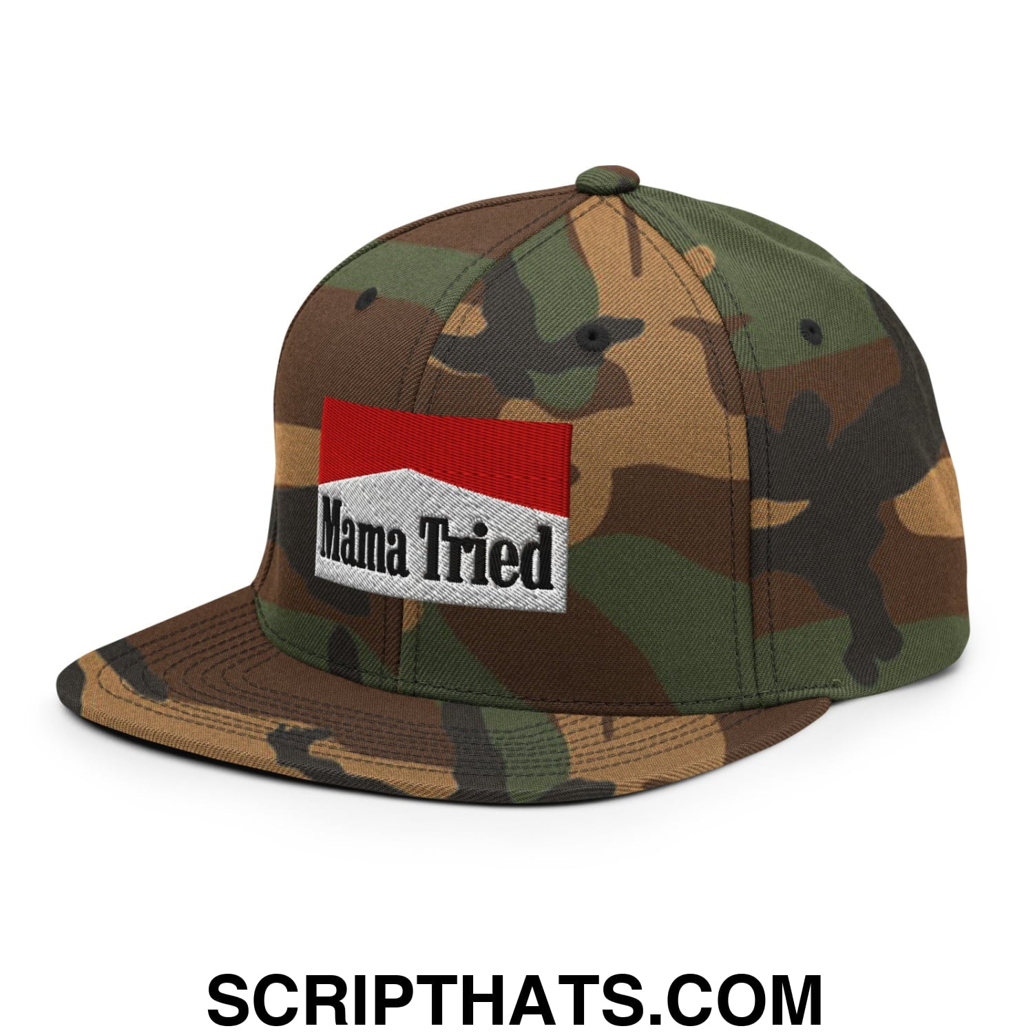 Mama Tried Cigarette Red Embroidered Flat Bill Brim Snapback Hat Green Camo