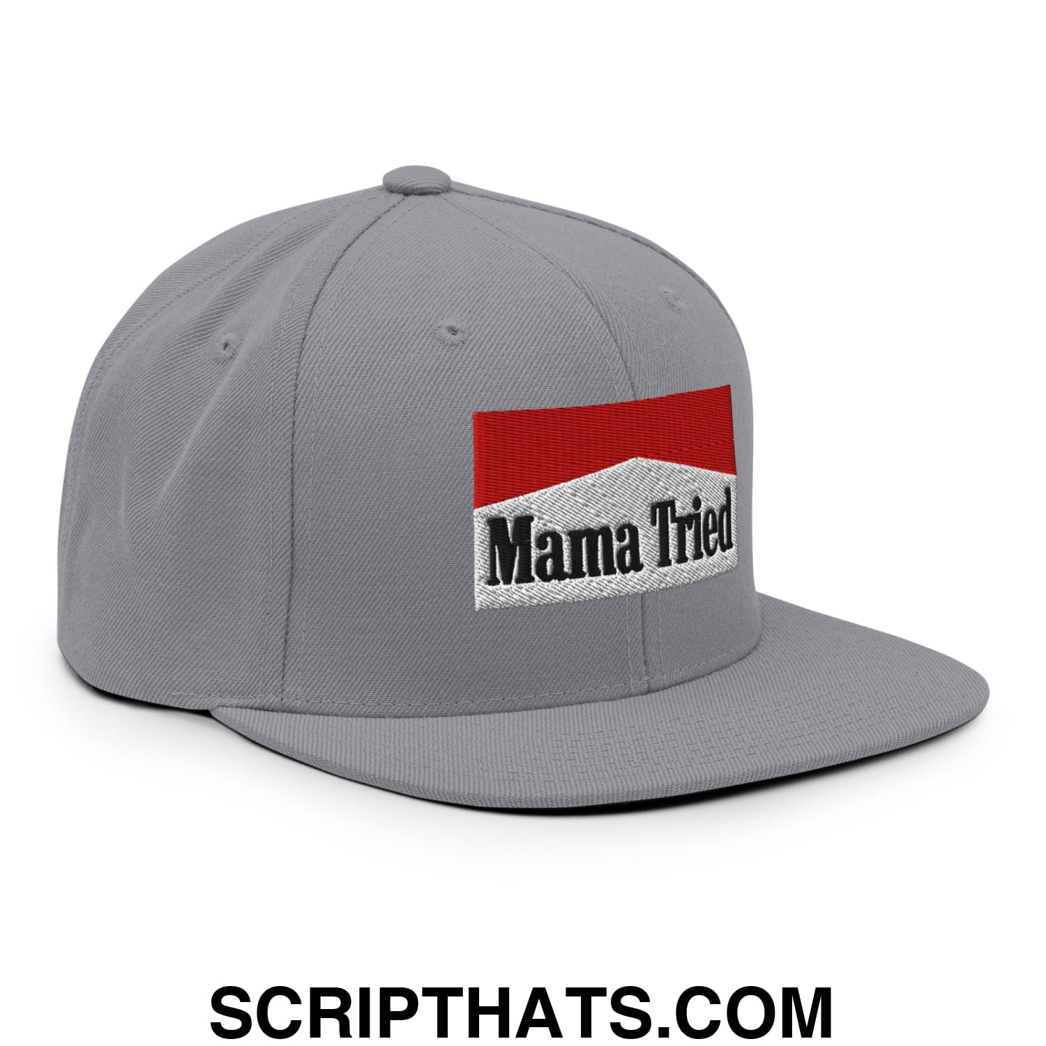 Mama Tried Cigarette Red Embroidered Flat Bill Brim Snapback Hat Silver