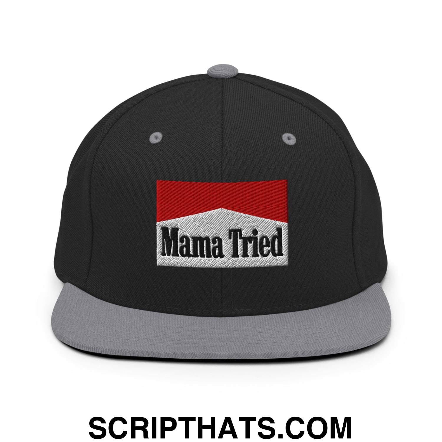 Mama Tried Cigarette Red Embroidered Flat Bill Brim Snapback Hat Black Silver