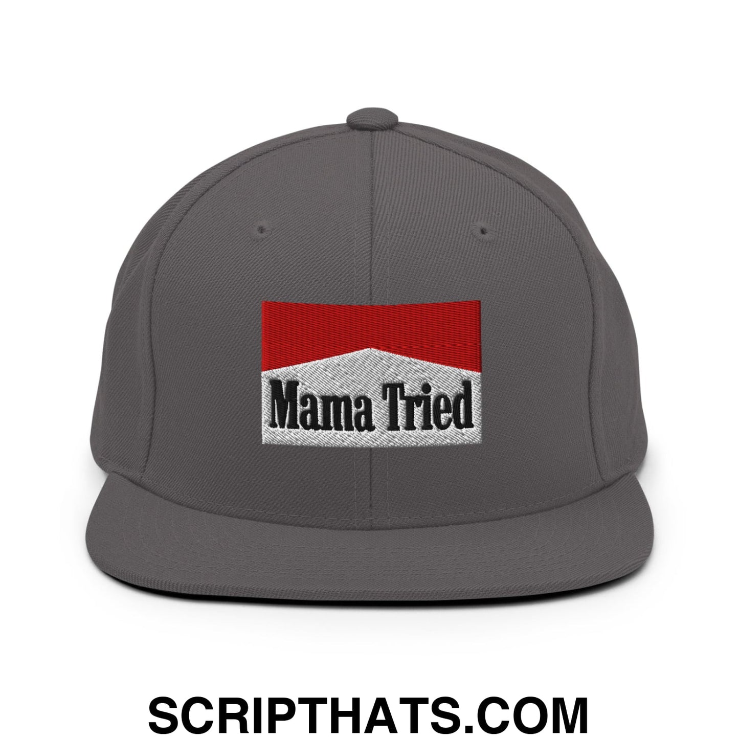 Mama Tried Cigarette Red Embroidered Flat Bill Brim Snapback Hat Dark Grey