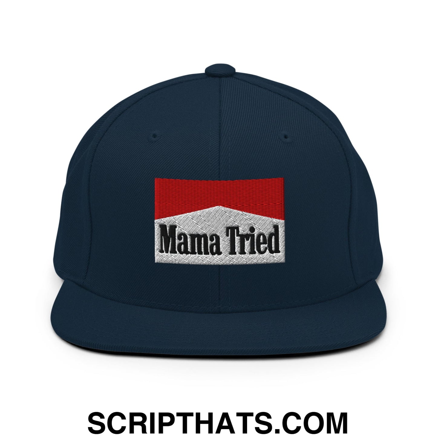 Mama Tried Cigarette Red Embroidered Flat Bill Brim Snapback Hat Dark Navy