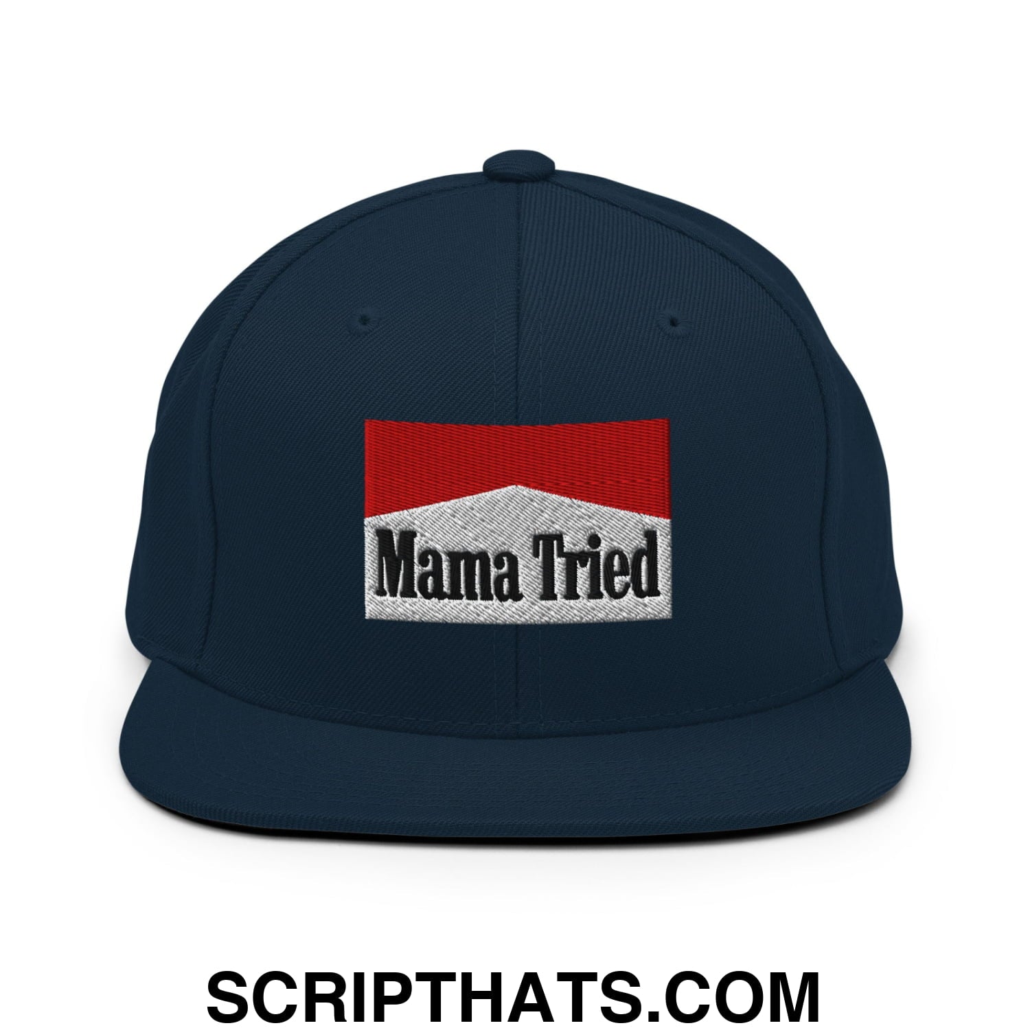 Mama Tried Cigarette Red Embroidered Flat Bill Brim Snapback Hat Dark Navy