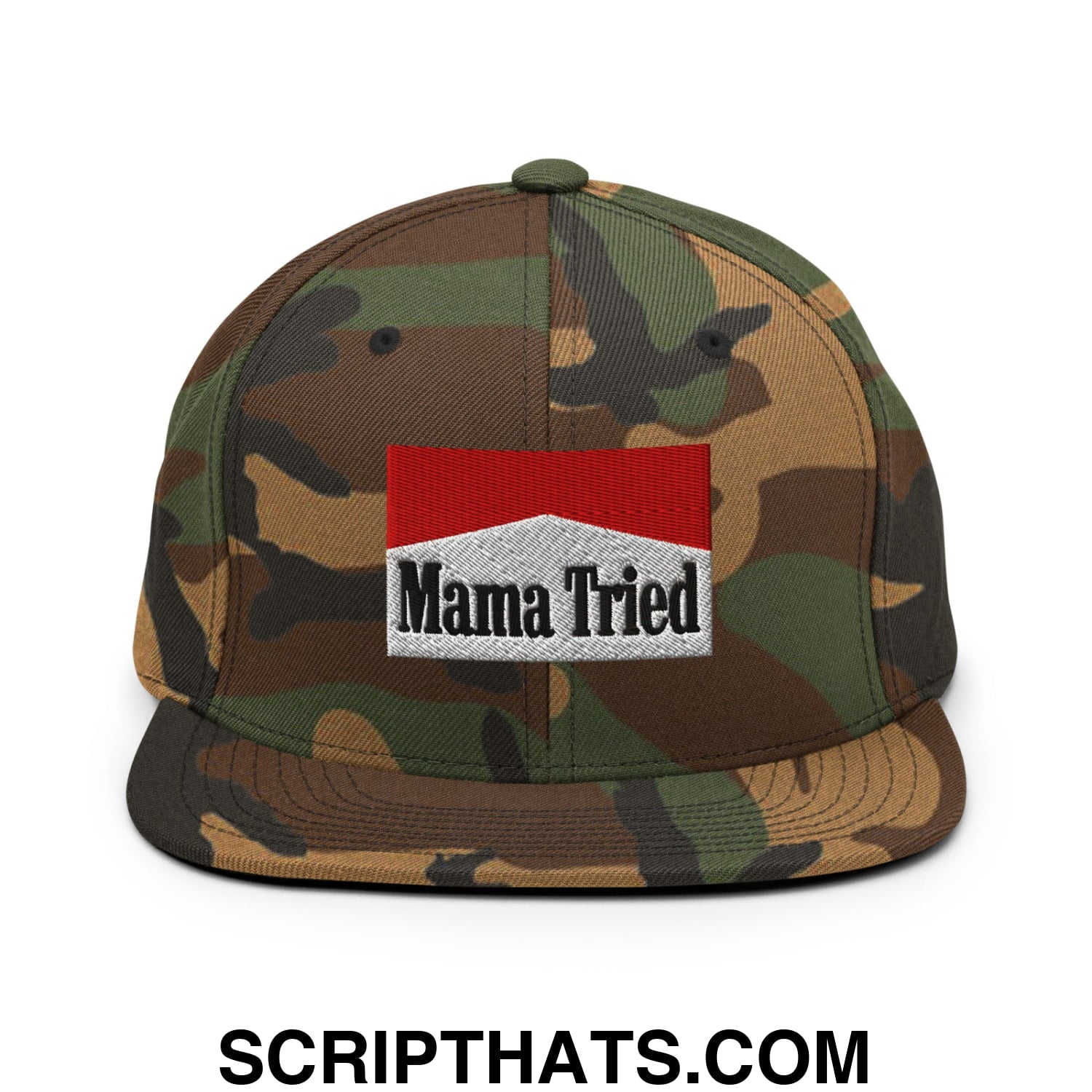 Mama Tried Cigarette Red Embroidered Flat Bill Brim Snapback Hat Green Camo