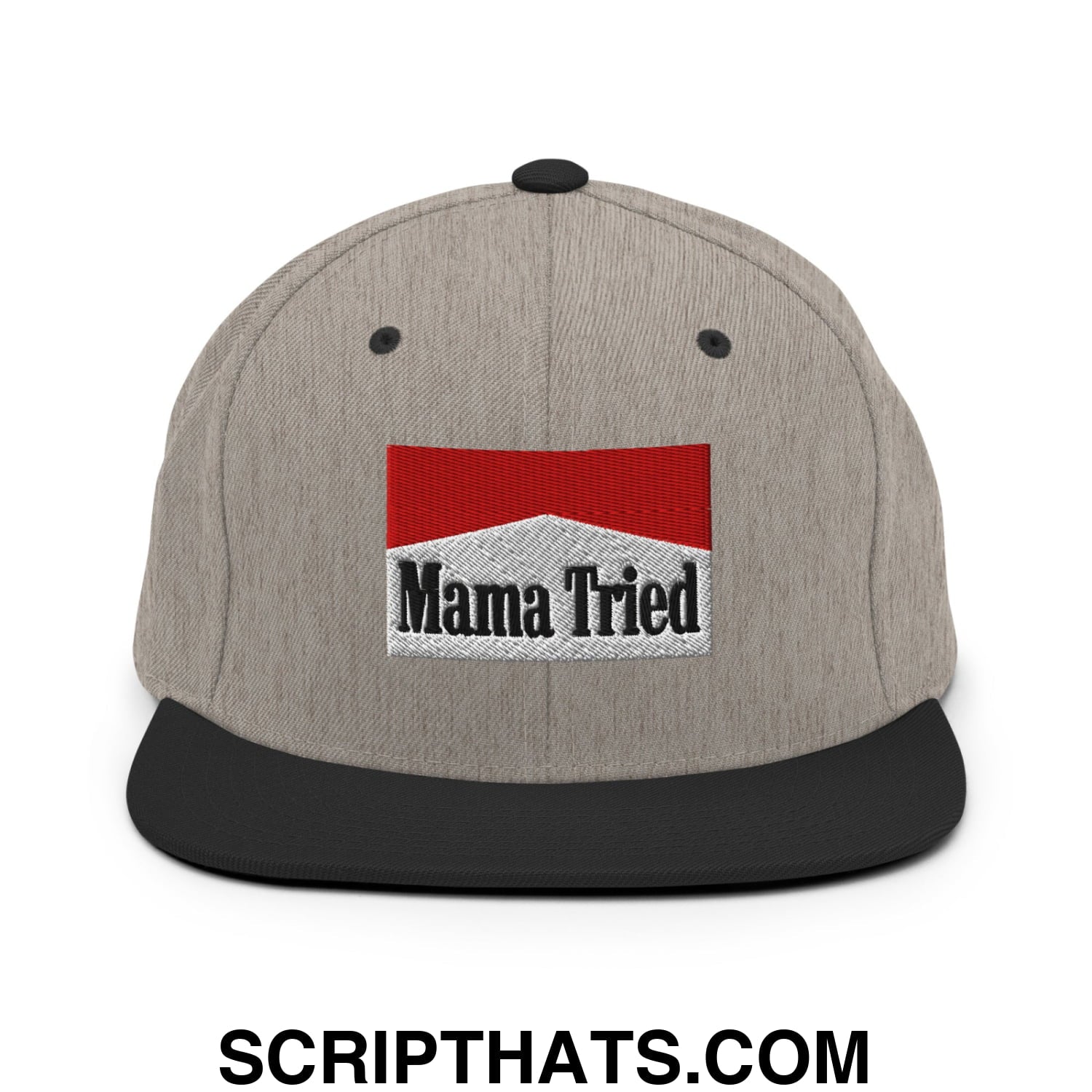 Mama Tried Cigarette Red Embroidered Flat Bill Brim Snapback Hat Heather Black
