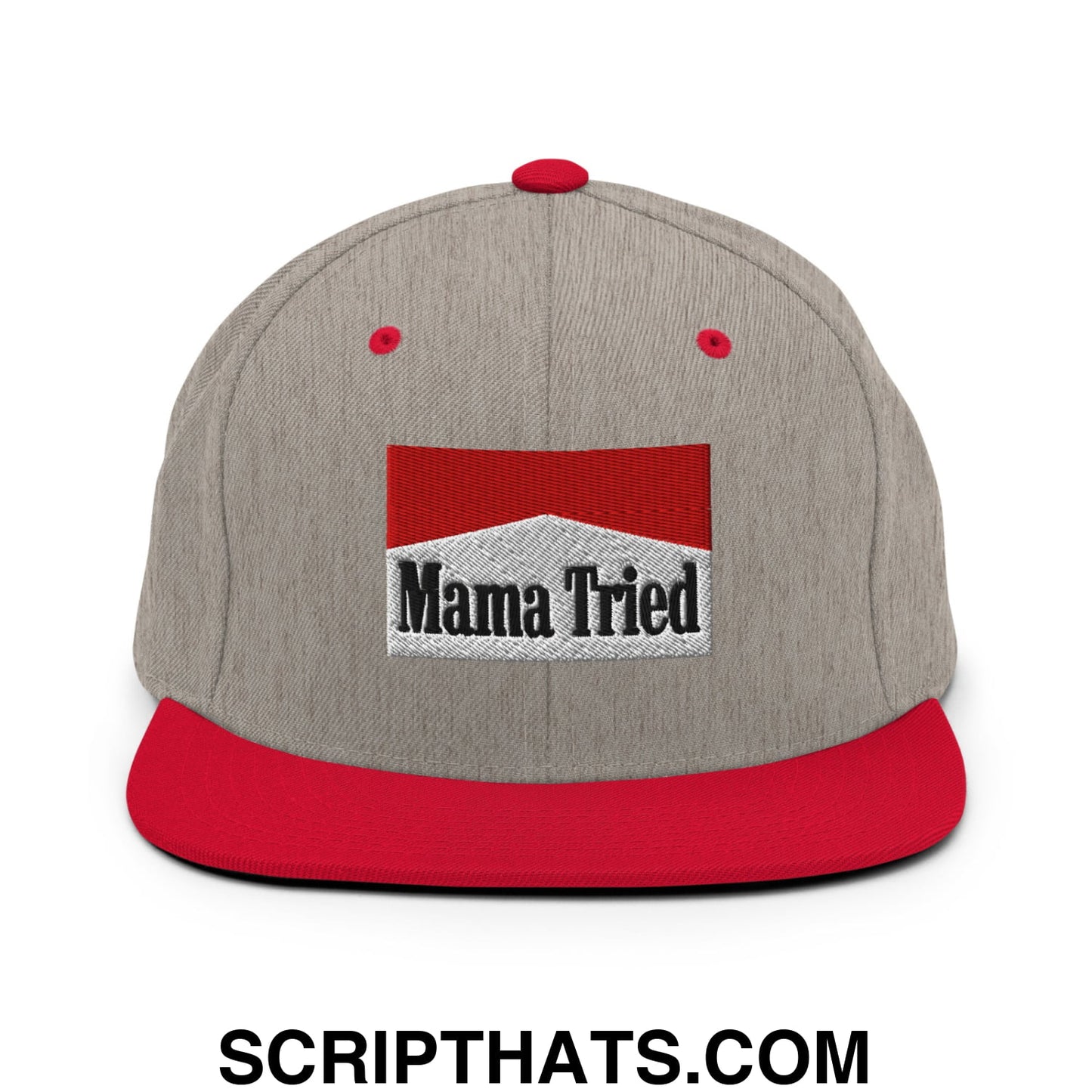 Mama Tried Cigarette Red Embroidered Flat Bill Brim Snapback Hat Heather Grey Red