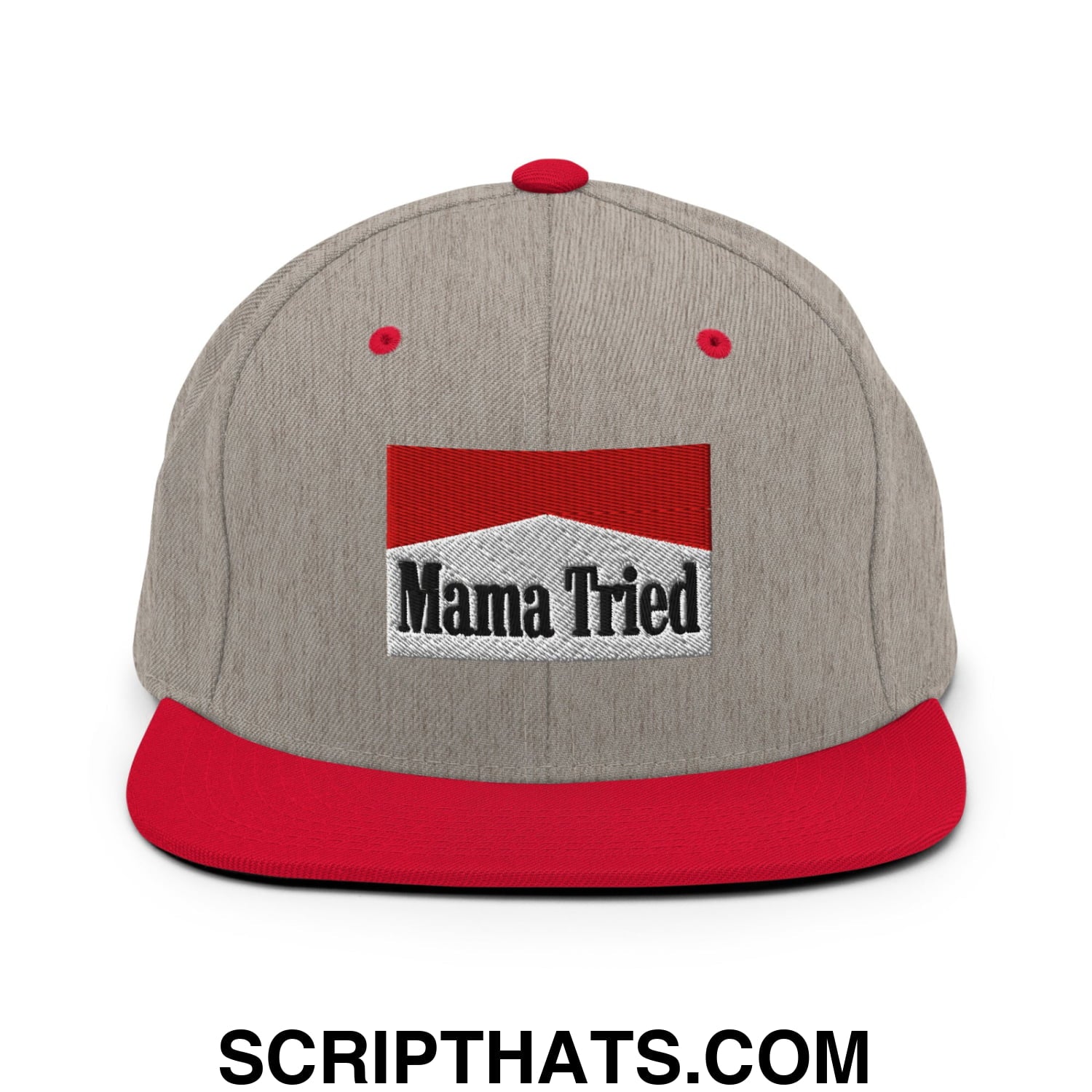 Mama Tried Cigarette Red Embroidered Flat Bill Brim Snapback Hat Heather Grey Red