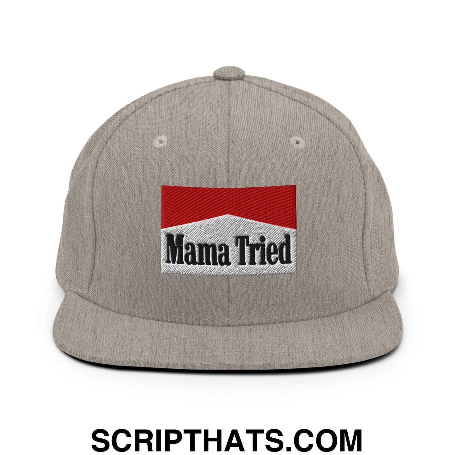 Mama Tried Cigarette Red Embroidered Flat Bill Brim Snapback Hat Heather Grey
