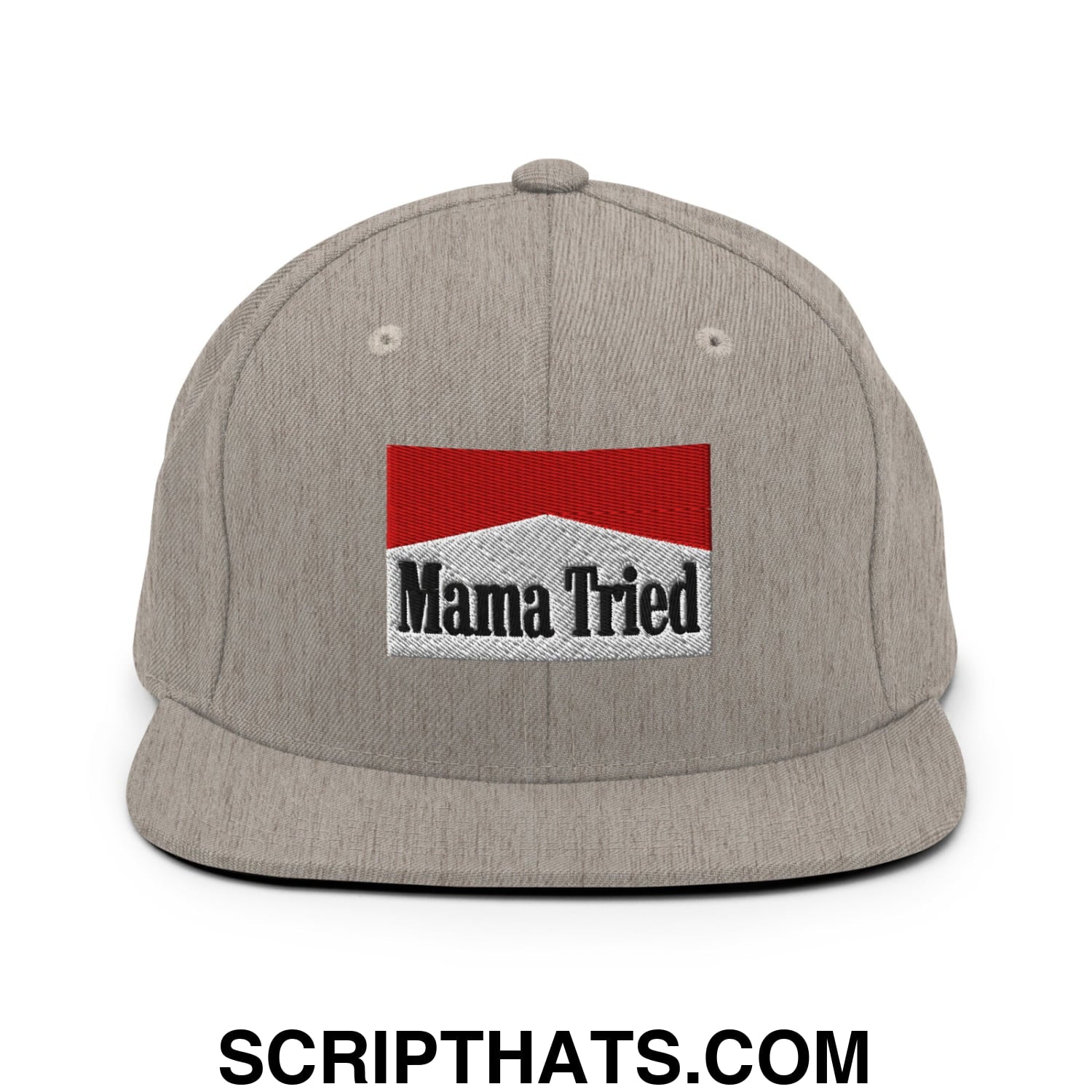 Mama Tried Cigarette Red Embroidered Flat Bill Brim Snapback Hat Heather Grey