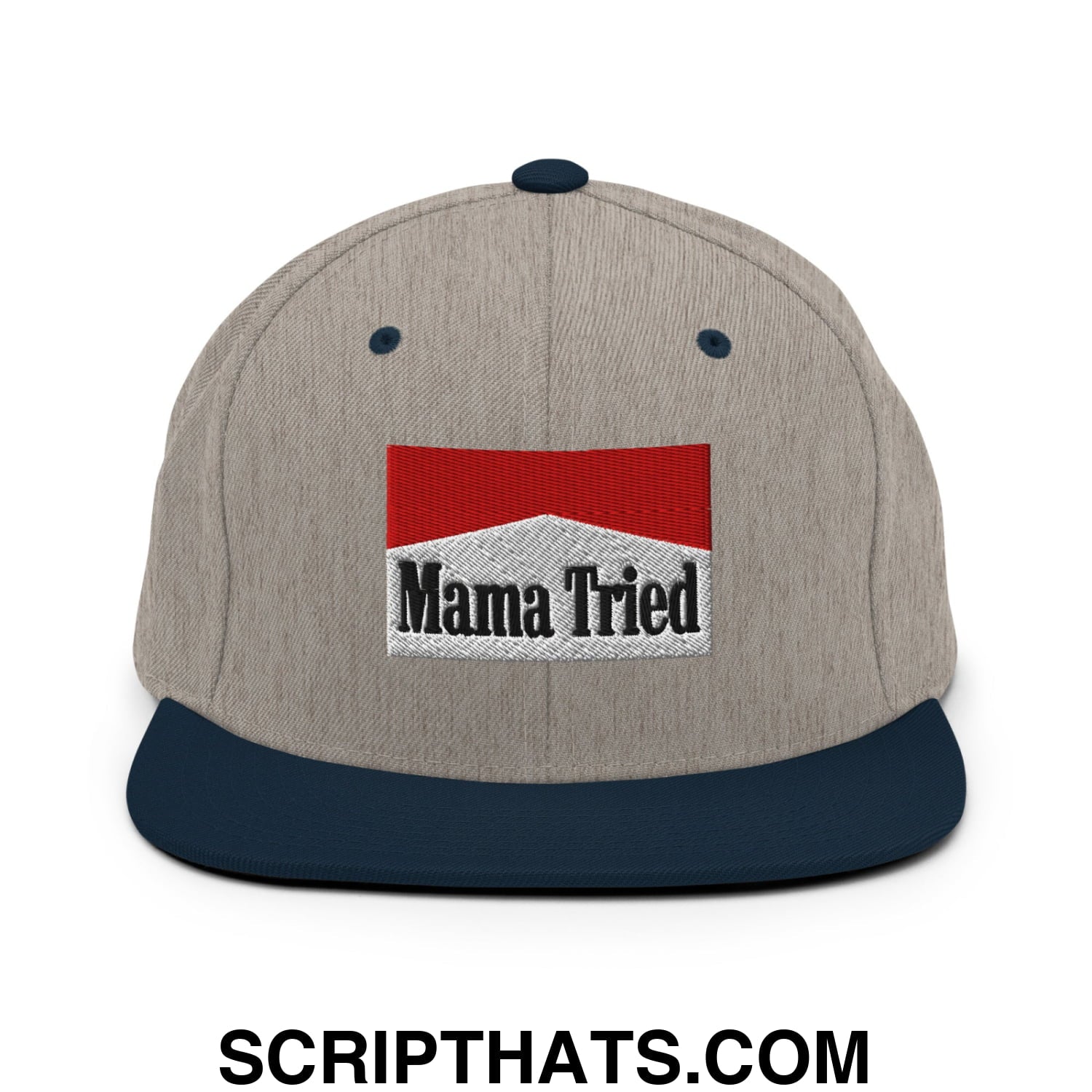 Mama Tried Cigarette Red Embroidered Flat Bill Brim Snapback Hat Heather Grey Navy