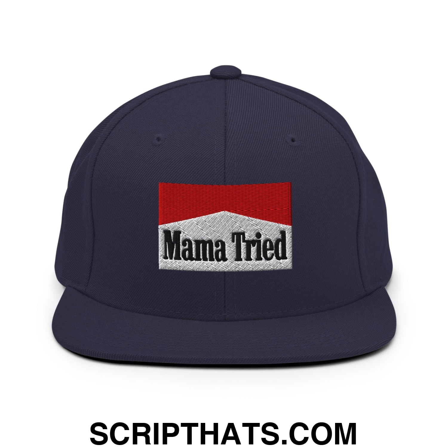 Mama Tried Cigarette Red Embroidered Flat Bill Brim Snapback Hat Navy