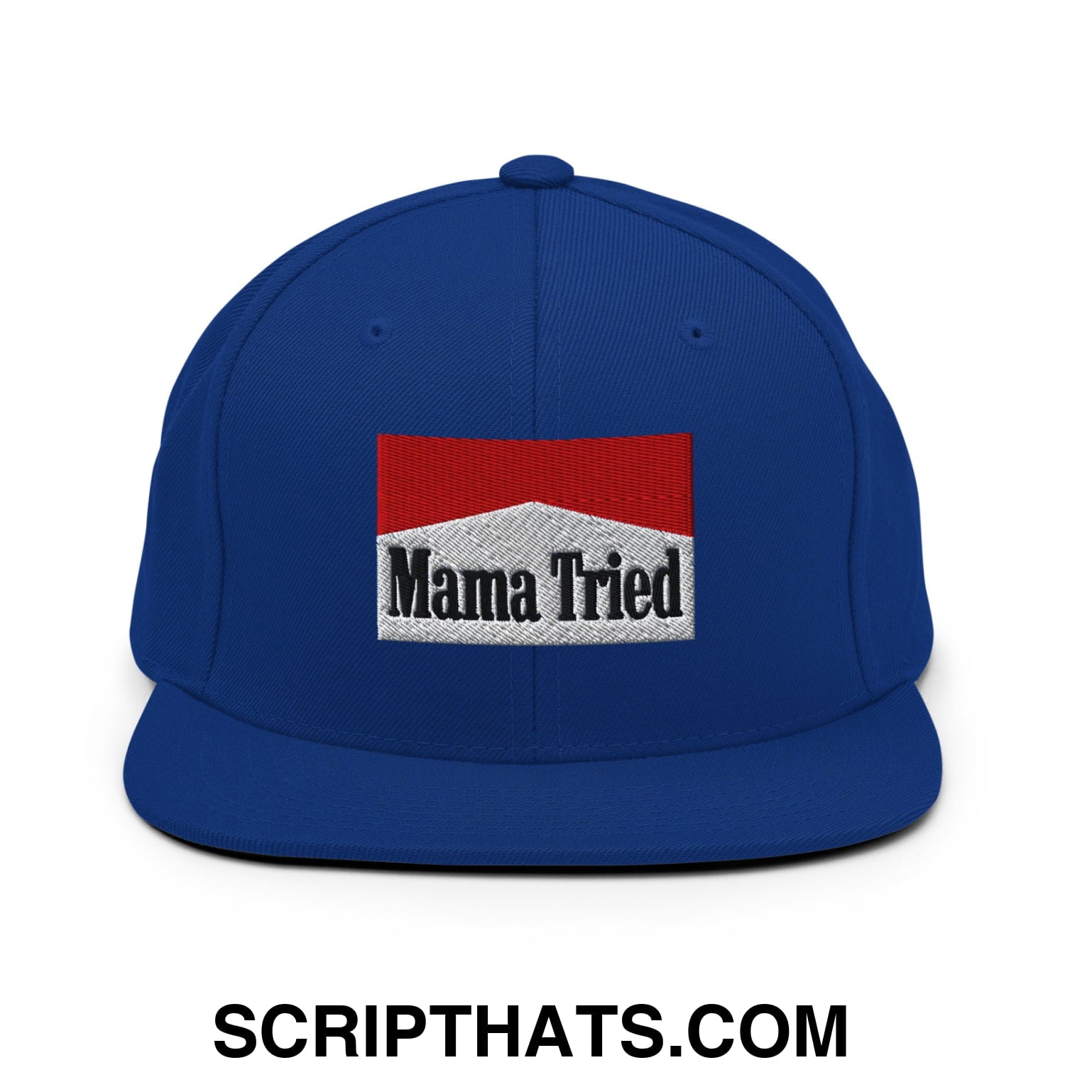 Mama Tried Cigarette Red Embroidered Flat Bill Brim Snapback Hat Royal Blue