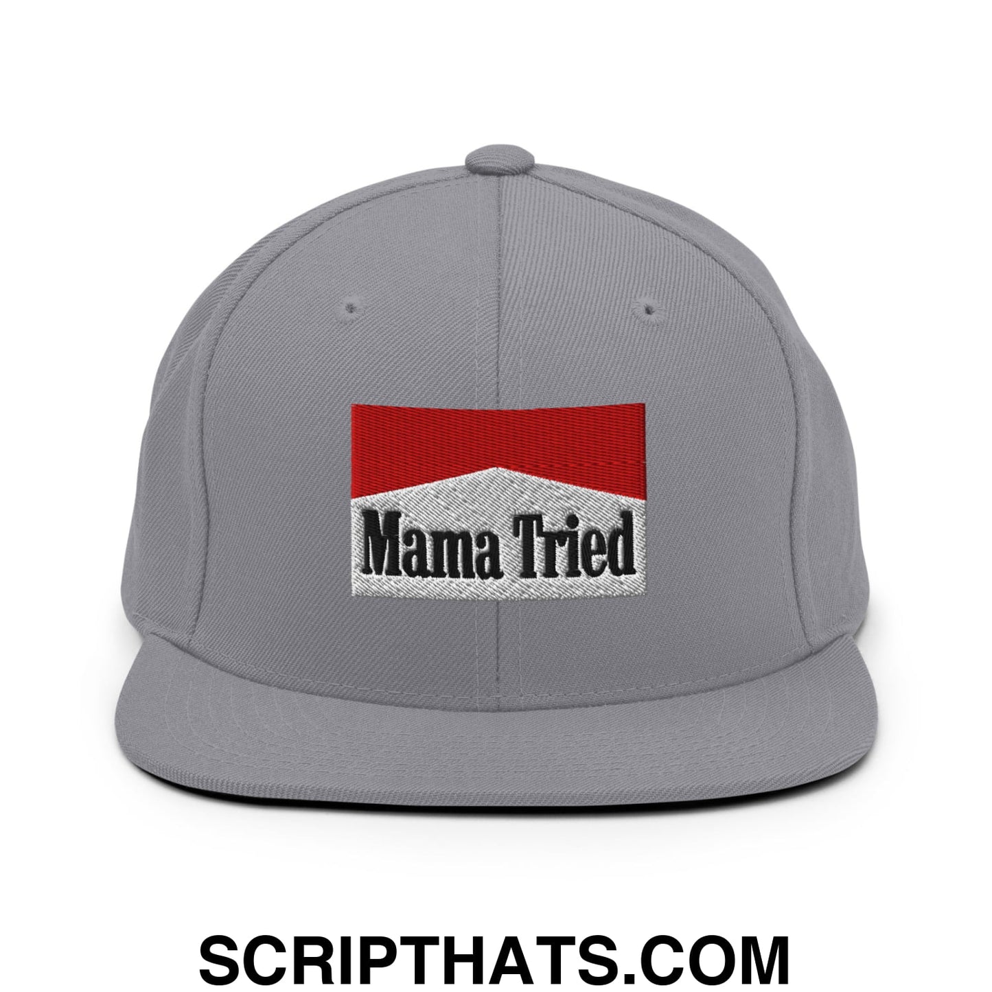 Mama Tried Cigarette Red Embroidered Flat Bill Brim Snapback Hat Silver