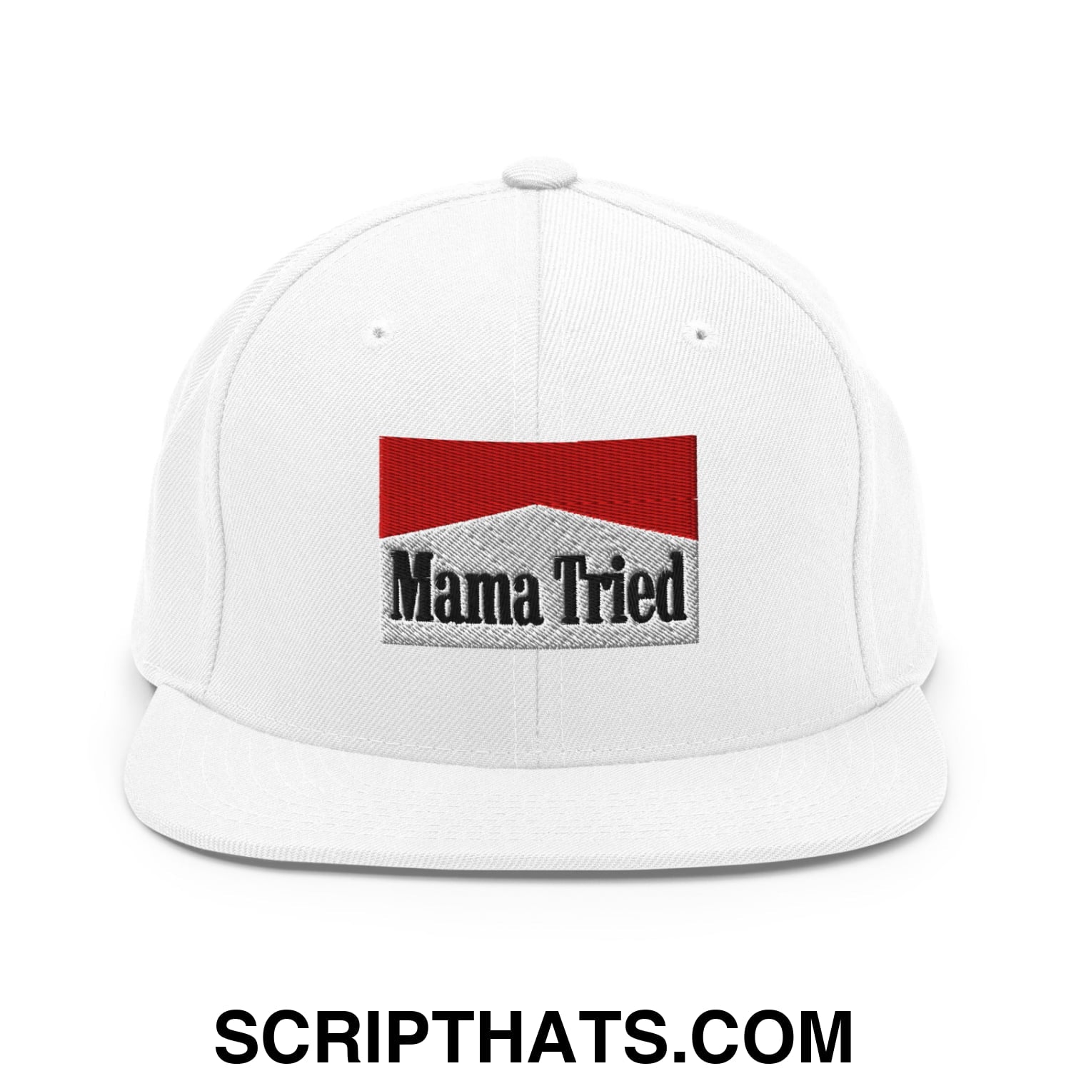 Mama Tried Cigarette Red Embroidered Flat Bill Brim Snapback Hat White