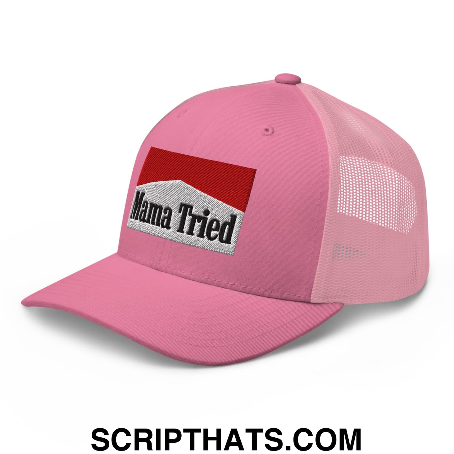 Mama Tried Cigarette Red Embroidered Mesh Trucker Hat Pink