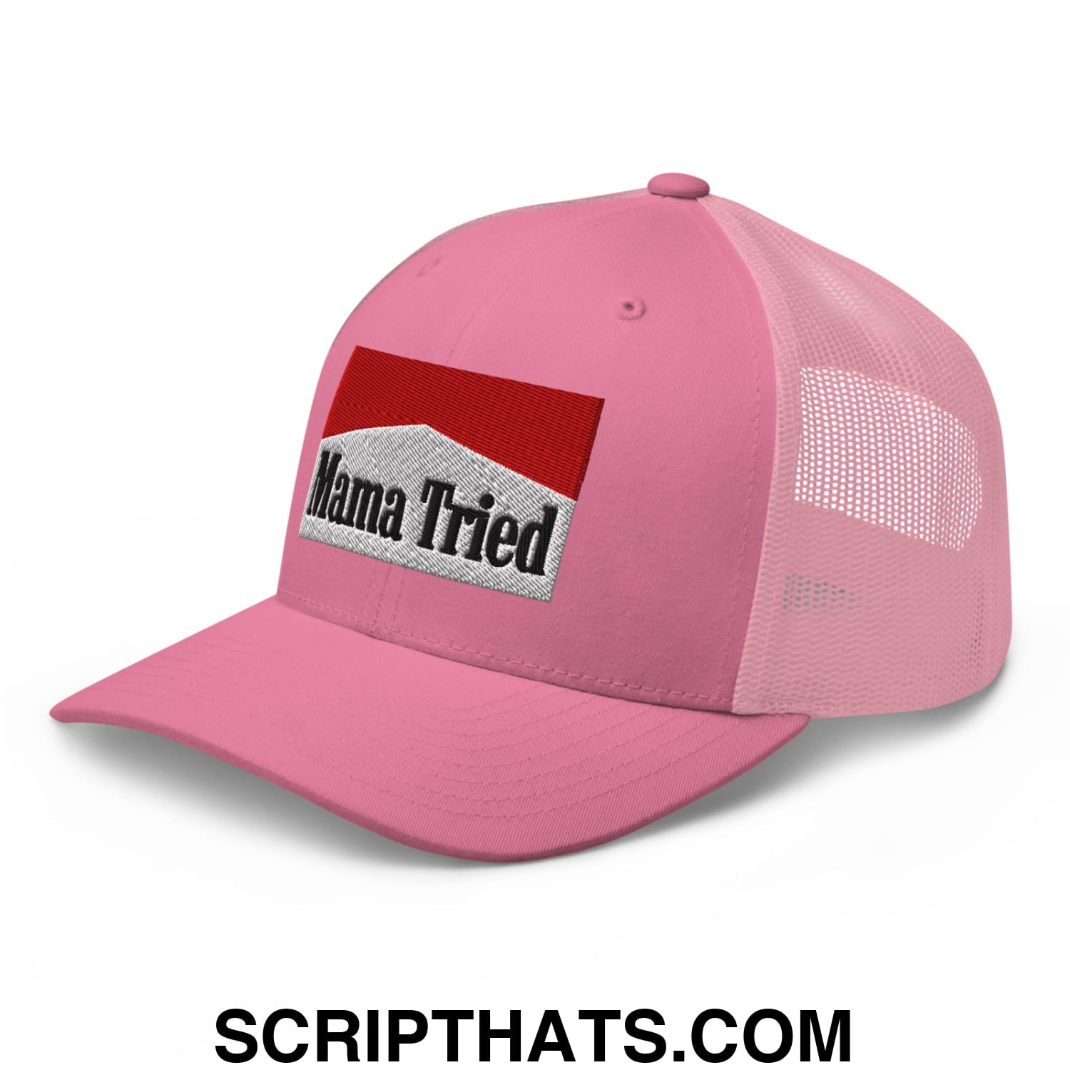 Mama Tried Cigarette Red Embroidered Mesh Trucker Hat Pink