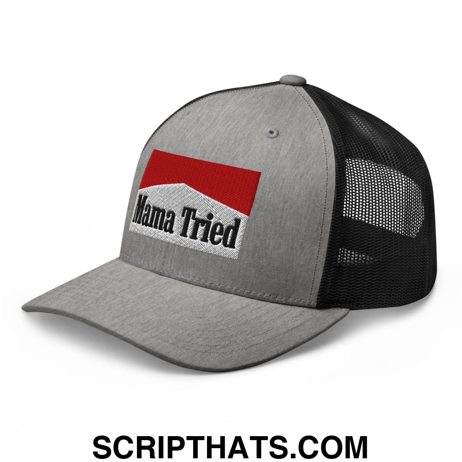 Mama Tried Cigarette Red Embroidered Mesh Trucker Hat Heather Black
