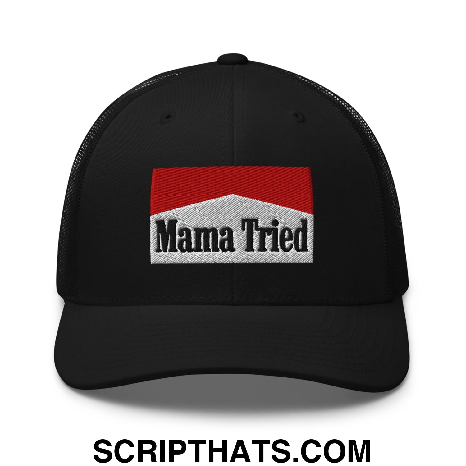 Mama Tried Cigarette Red Embroidered Mesh Trucker Hat Black