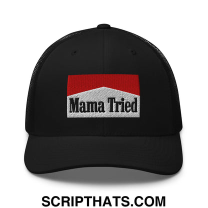 Mama Tried Cigarette Red Embroidered Mesh Trucker Hat Black