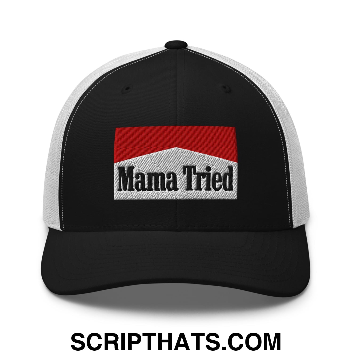 Mama Tried Cigarette Red Embroidered Mesh Trucker Hat Black White