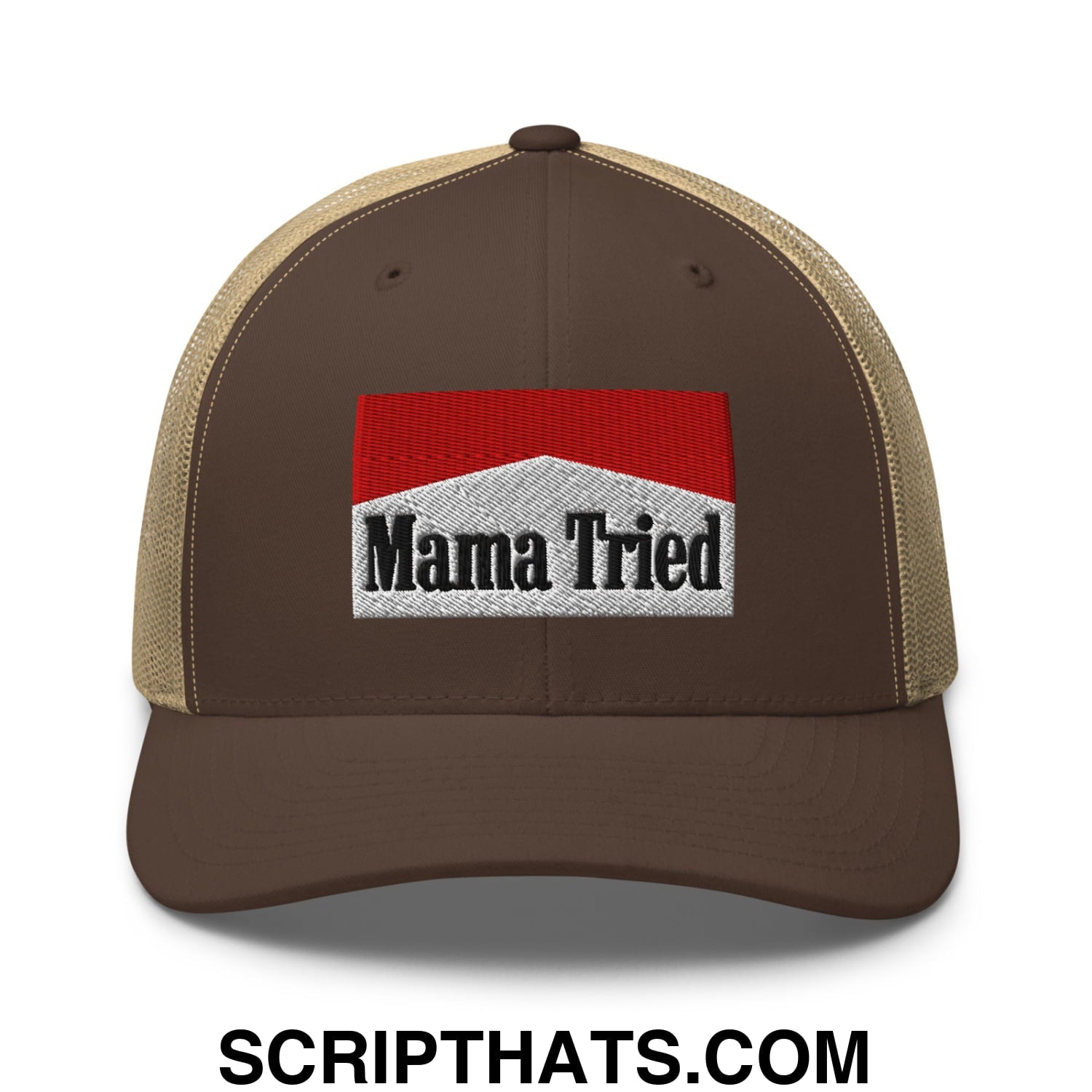 Mama Tried Cigarette Red Embroidered Mesh Trucker Hat Brown Khaki