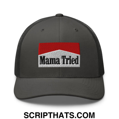 Mama Tried Cigarette Red Embroidered Mesh Trucker Hat Charcoal