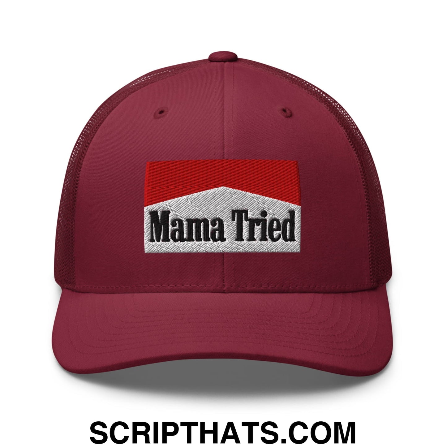 Mama Tried Cigarette Red Embroidered Mesh Trucker Hat Cranberry