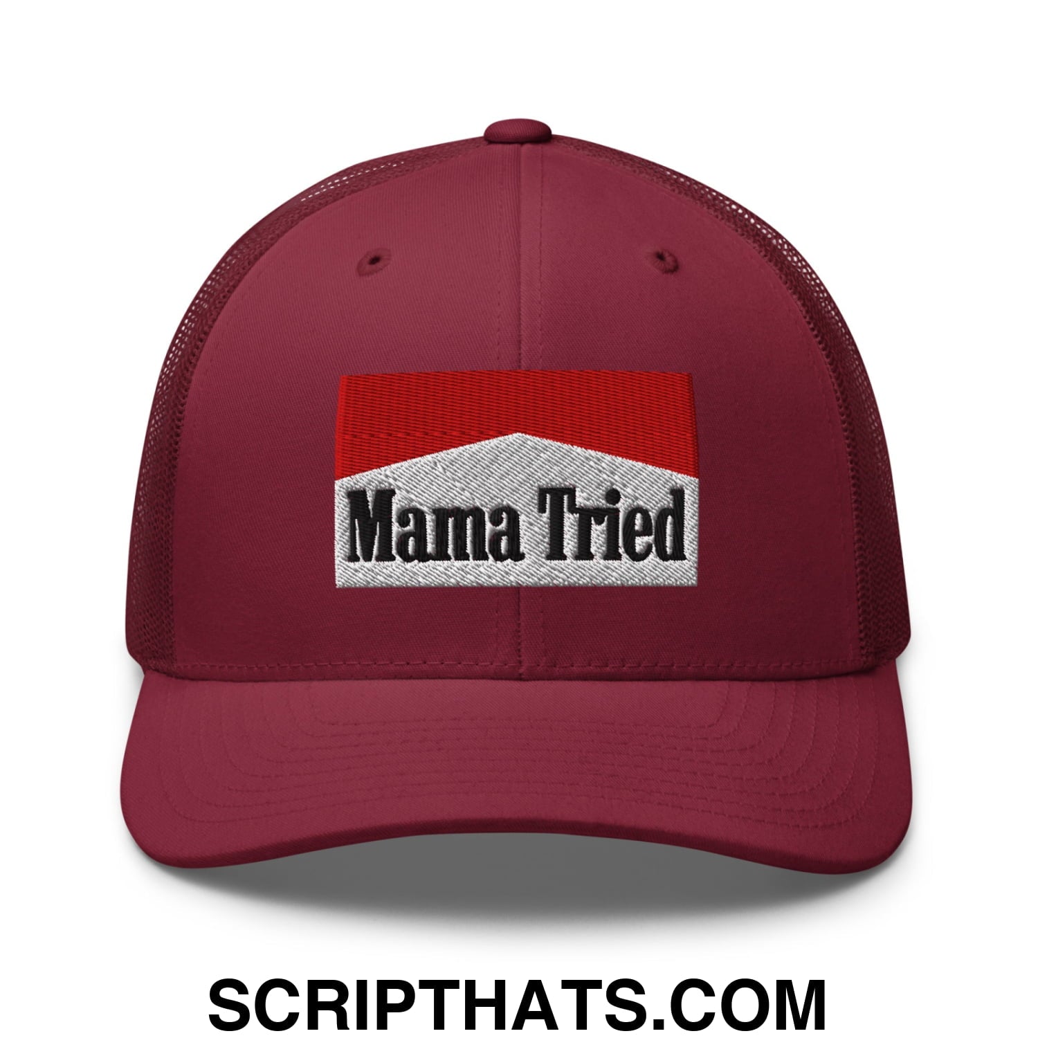 Mama Tried Cigarette Red Embroidered Mesh Trucker Hat Cranberry
