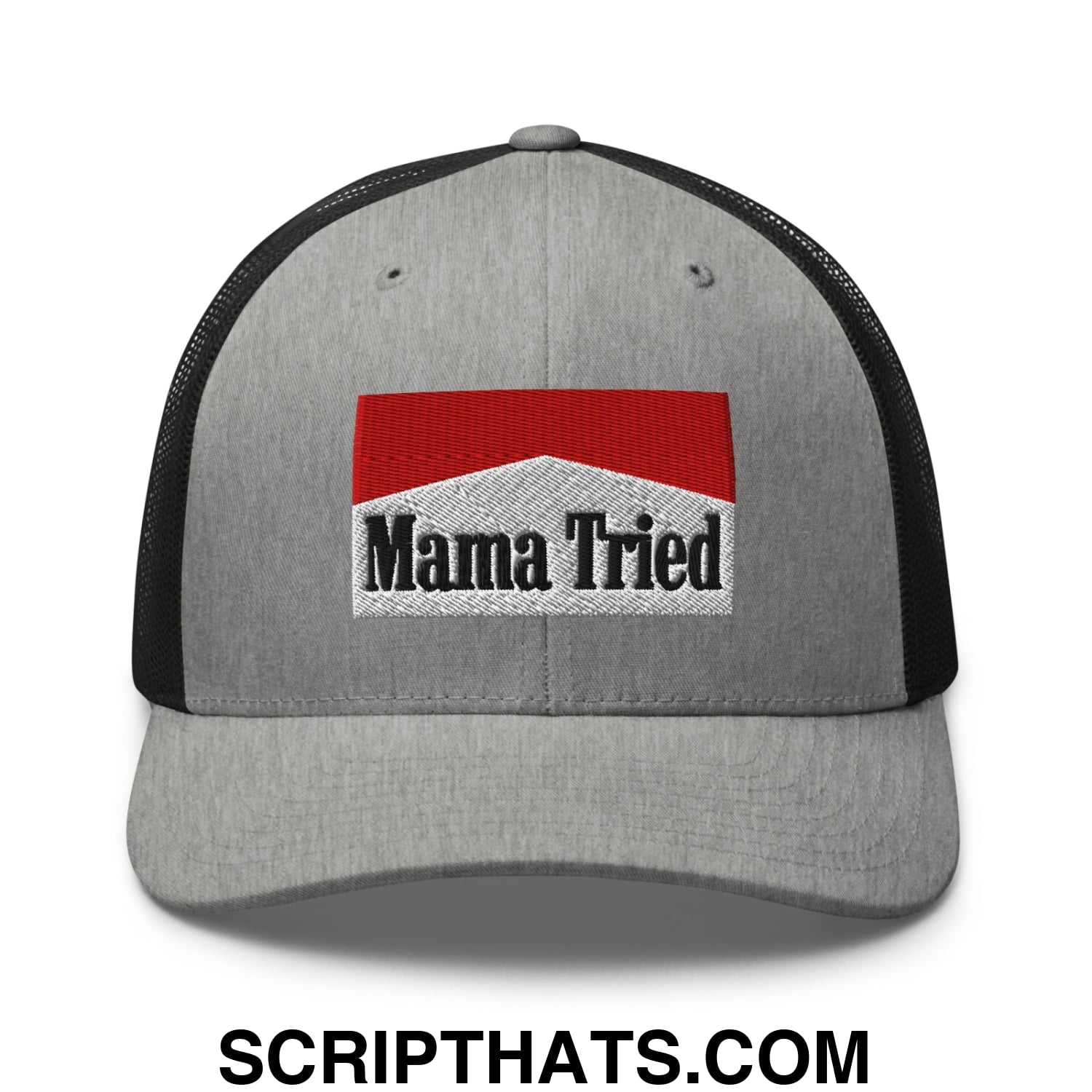 Mama Tried Cigarette Red Embroidered Mesh Trucker Hat Heather Black