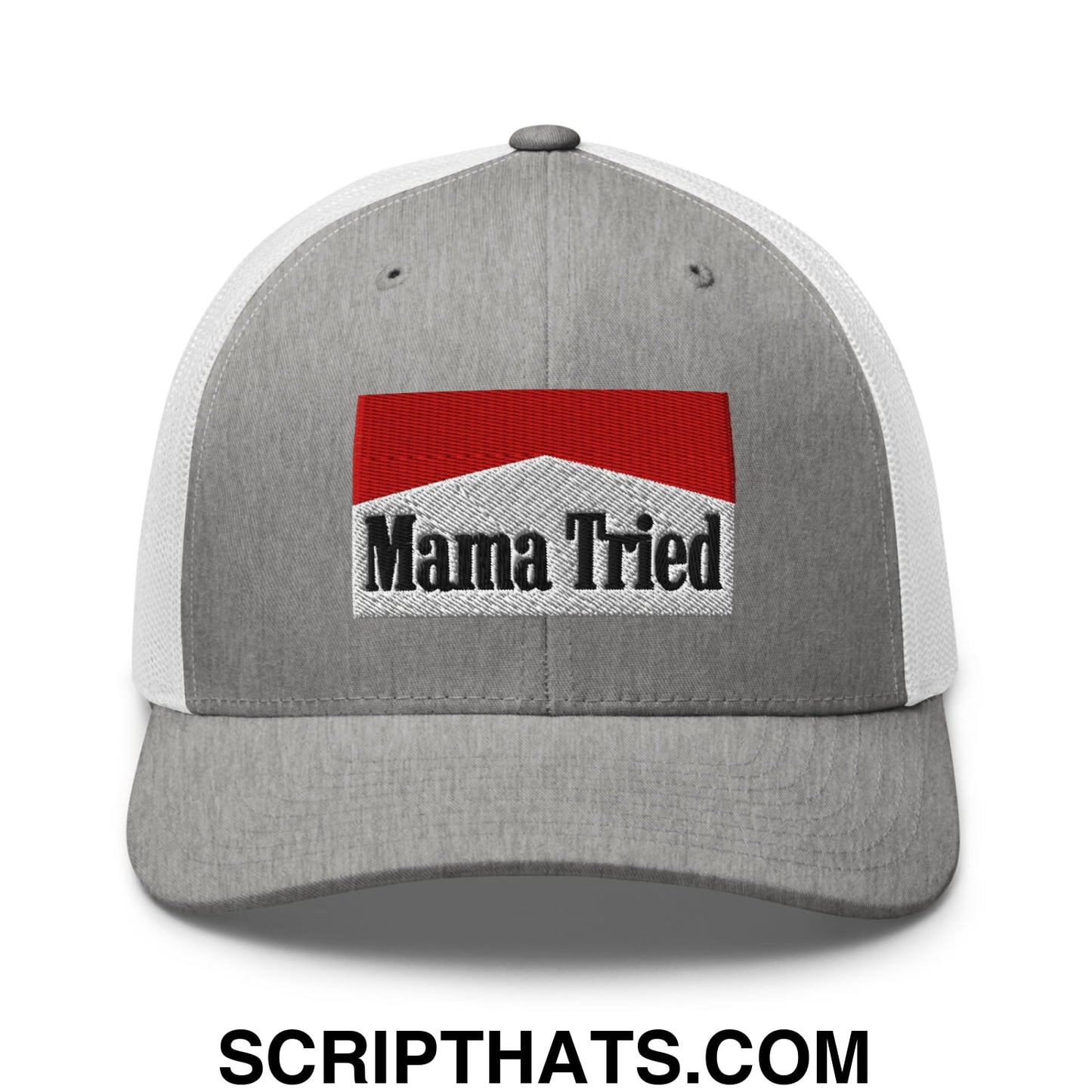 Mama Tried Cigarette Red Embroidered Mesh Trucker Hat Heather Grey White