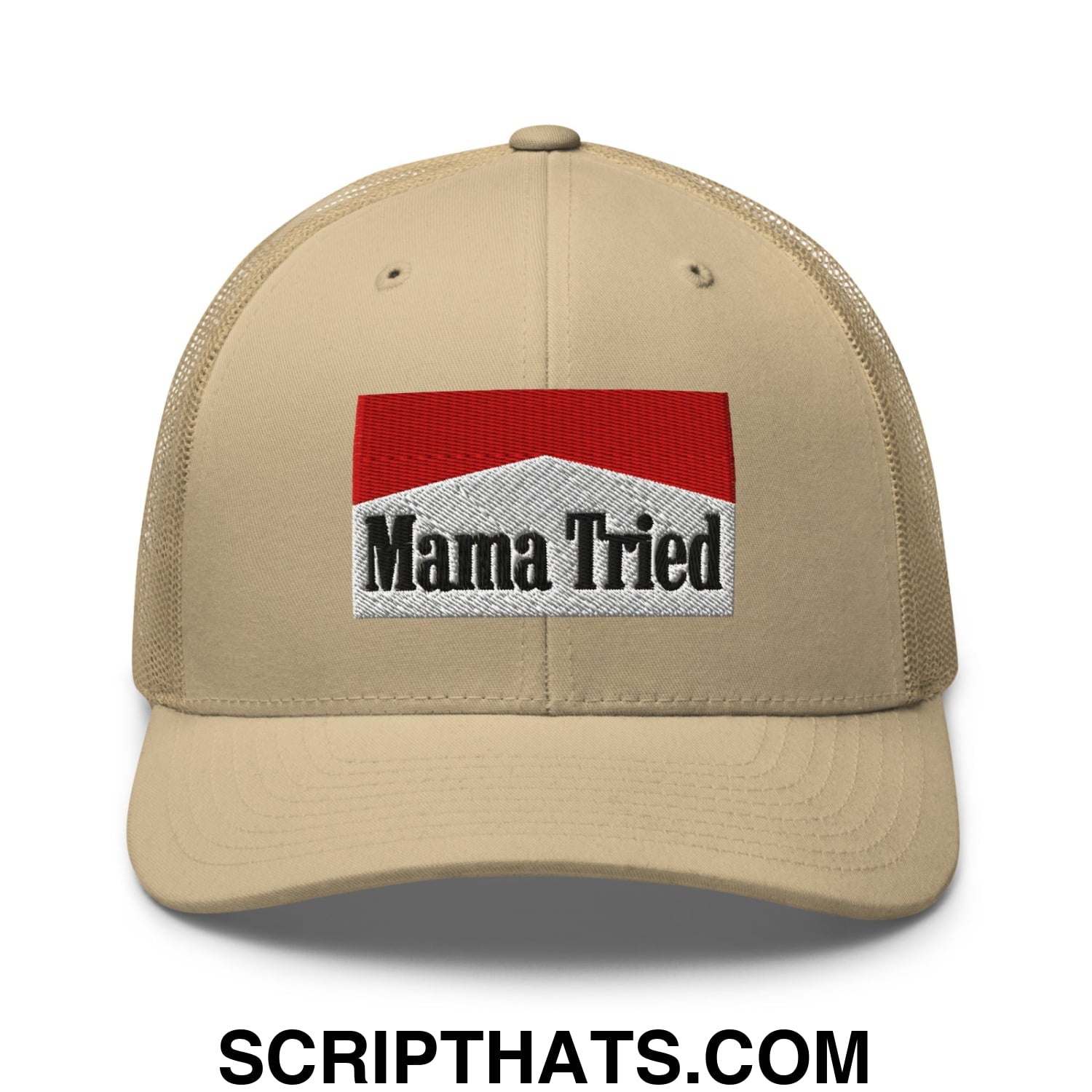 Mama Tried Cigarette Red Embroidered Mesh Trucker Hat Khaki