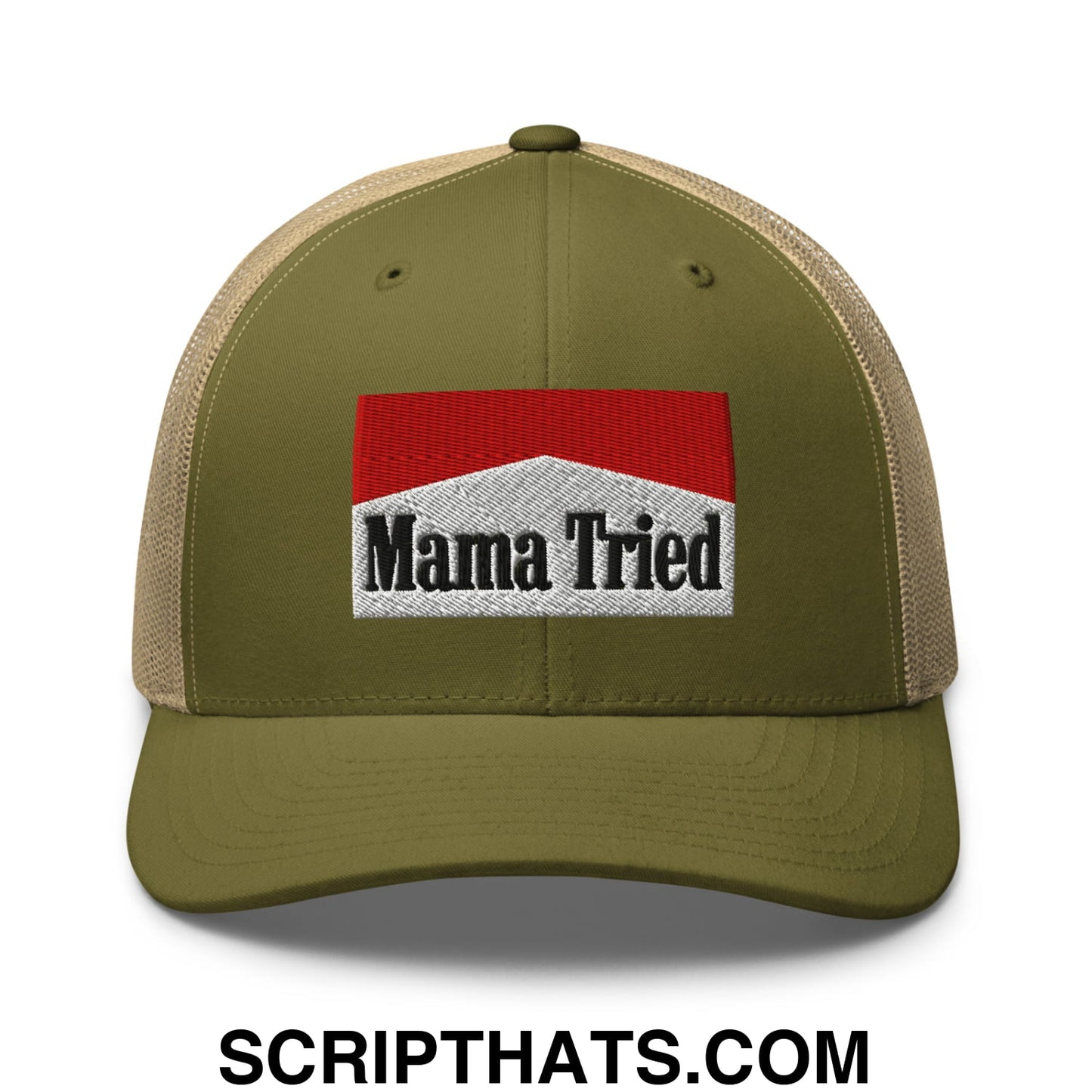 Mama Tried Cigarette Red Embroidered Mesh Trucker Hat Moss Khaki