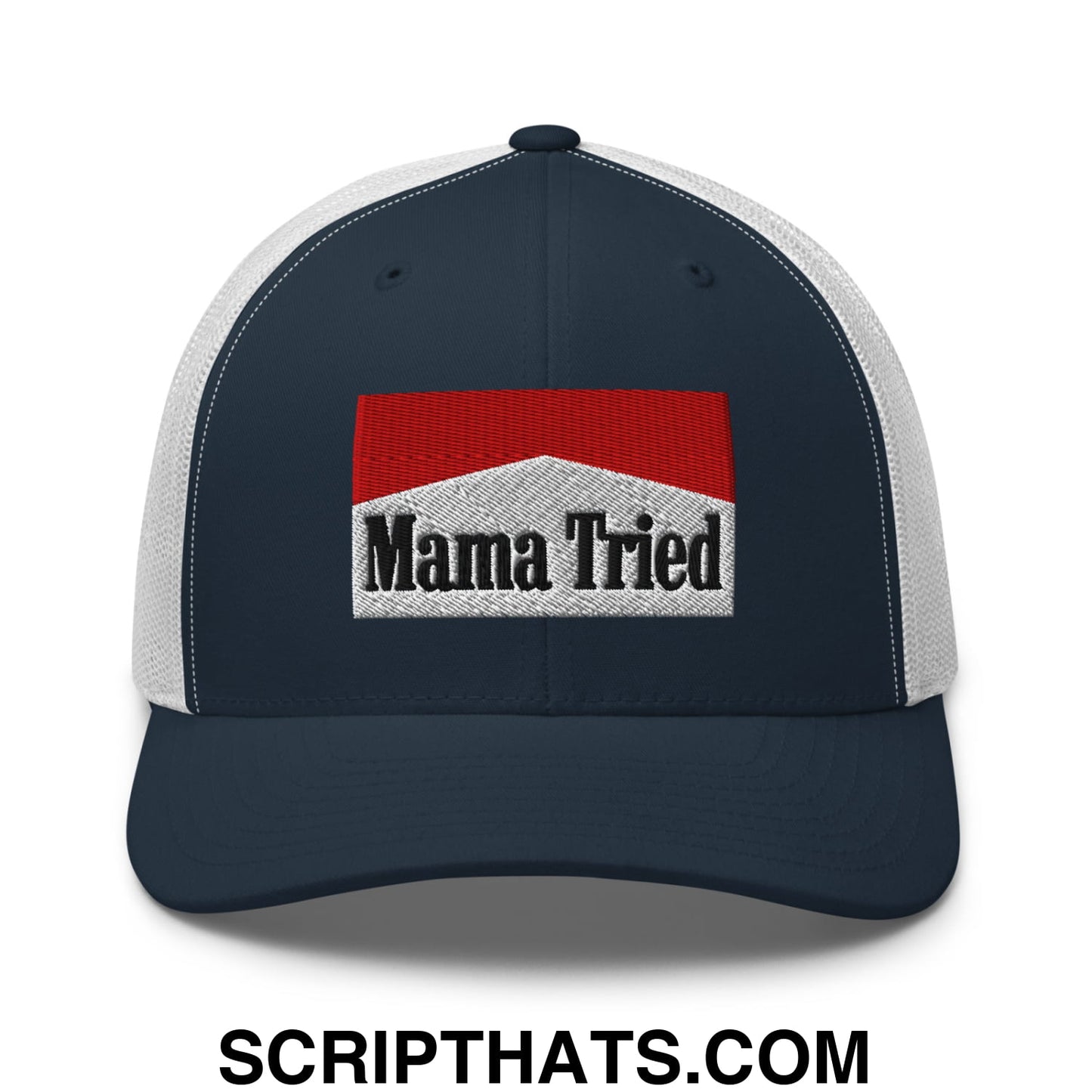Mama Tried Cigarette Red Embroidered Mesh Trucker Hat Navy White
