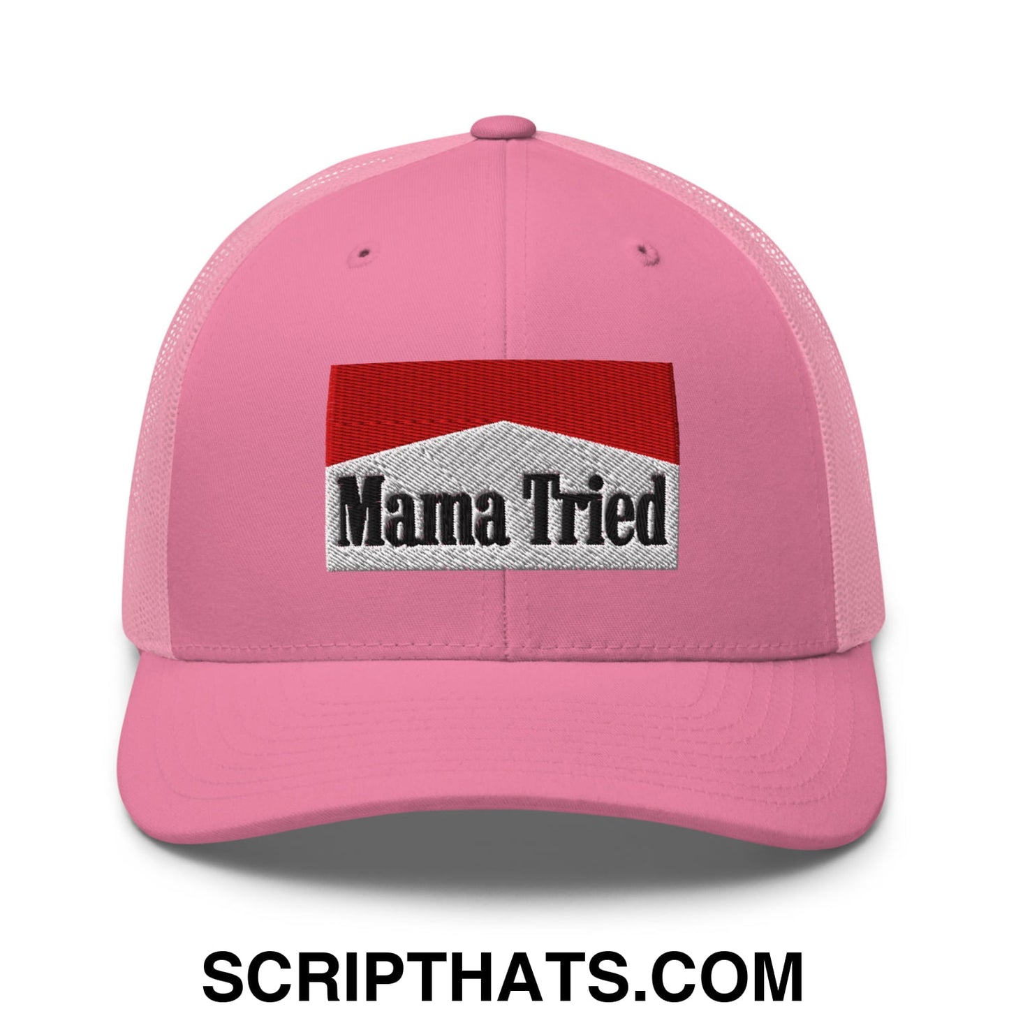 Mama Tried Cigarette Red Embroidered Mesh Trucker Hat Pink