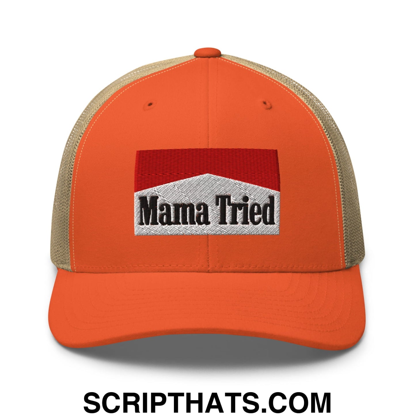 Mama Tried Cigarette Red Embroidered Mesh Trucker Hat Rustic Orange Khaki