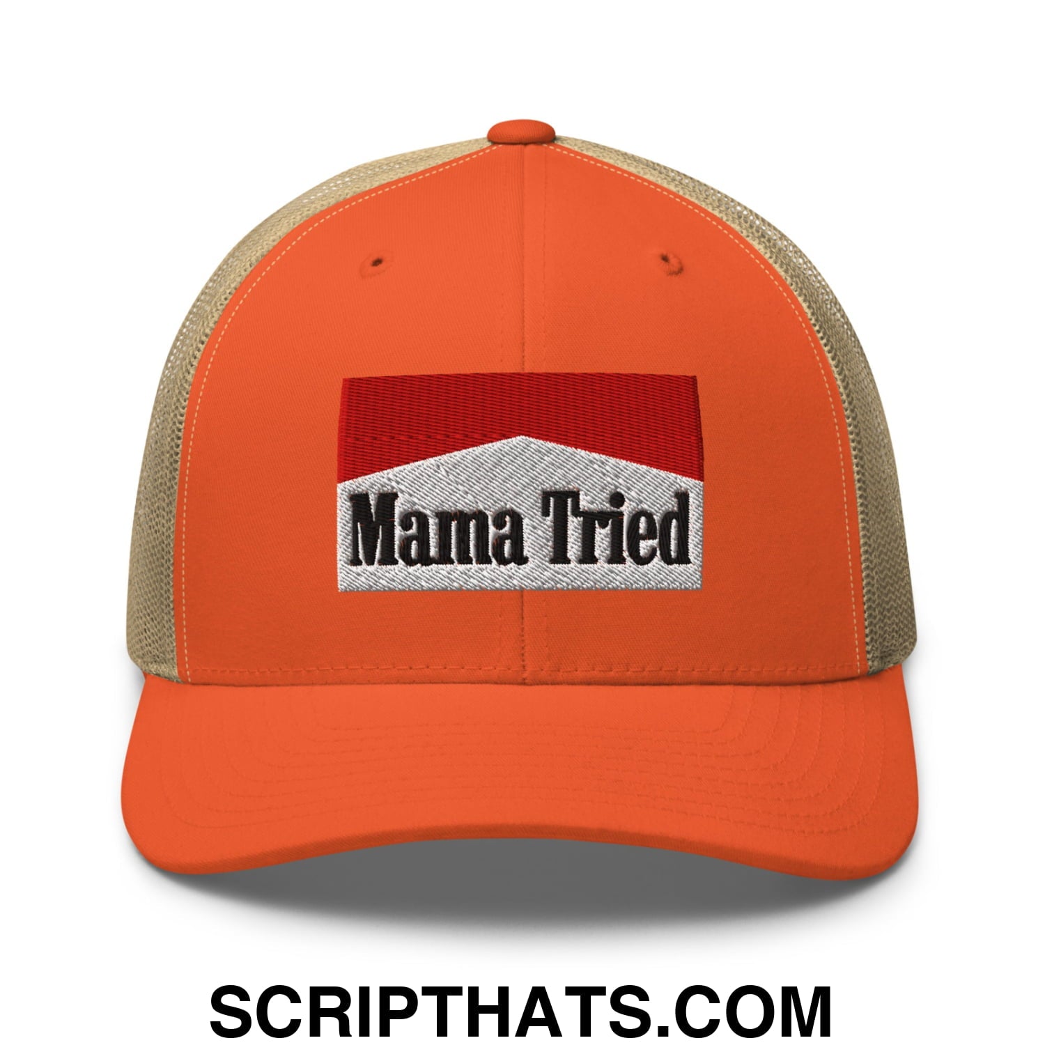 Mama Tried Cigarette Red Embroidered Mesh Trucker Hat Rustic Orange Khaki