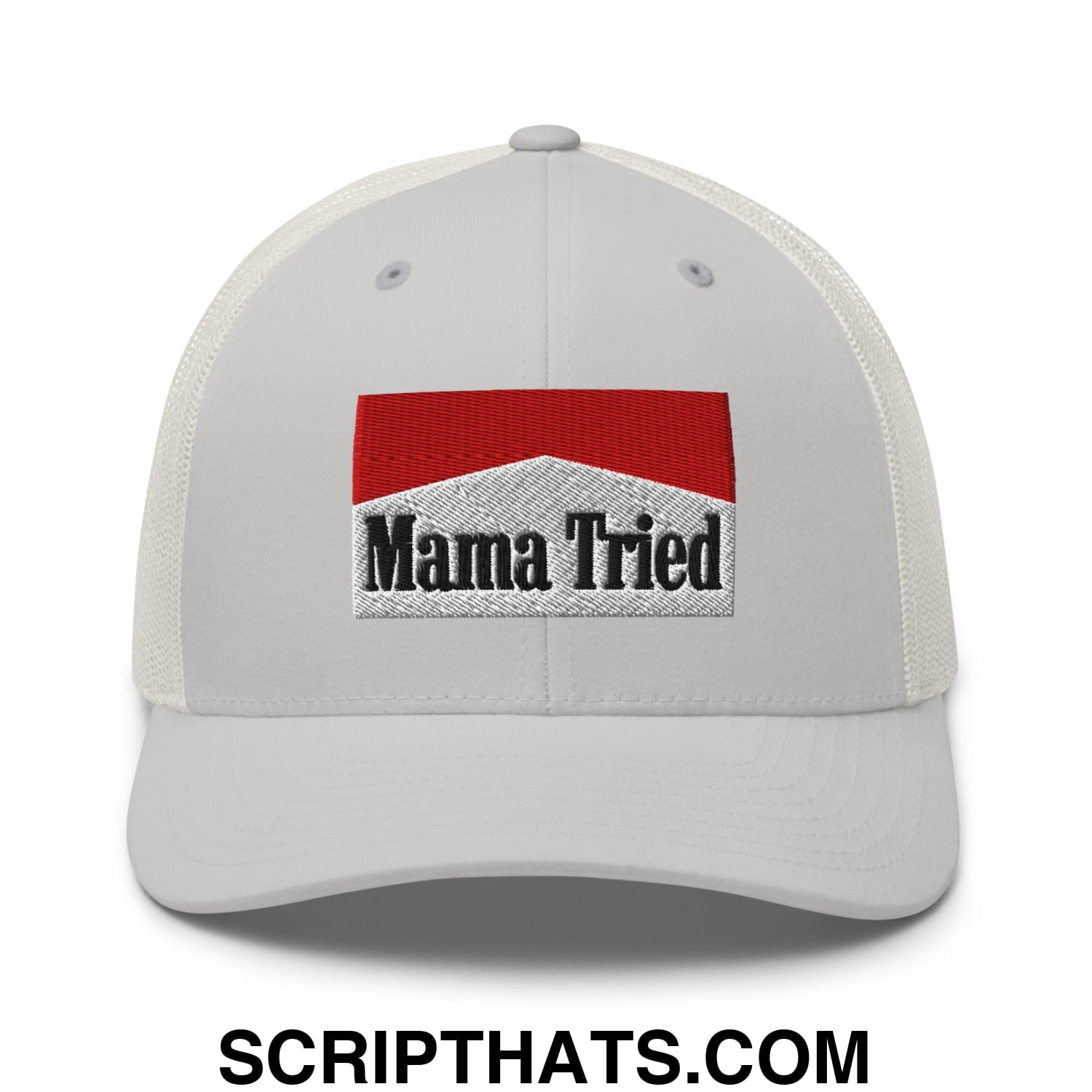 Mama Tried Cigarette Red Embroidered Mesh Trucker Hat Silver