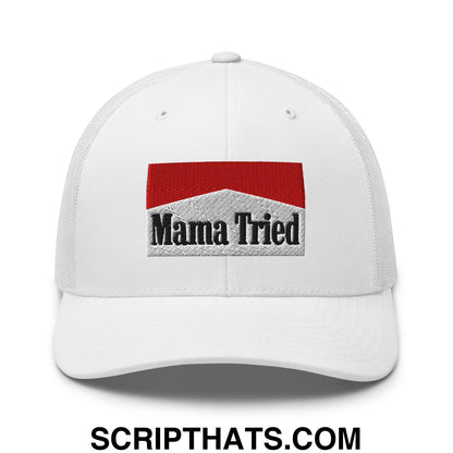 Mama Tried Cigarette Red Embroidered Mesh Trucker Hat White