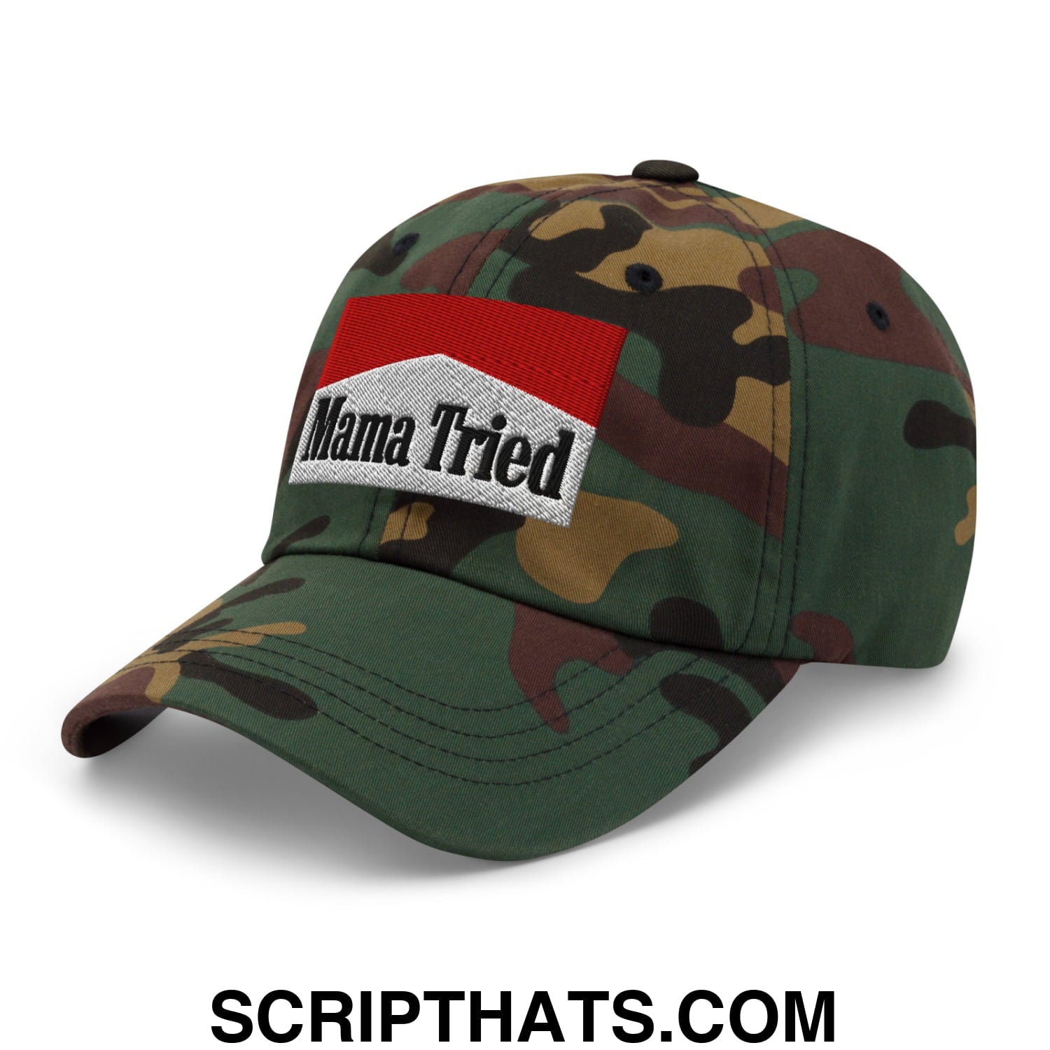 Mama Tried Cigarette Red Embroidered Unstructured Dad Hat Green Camo