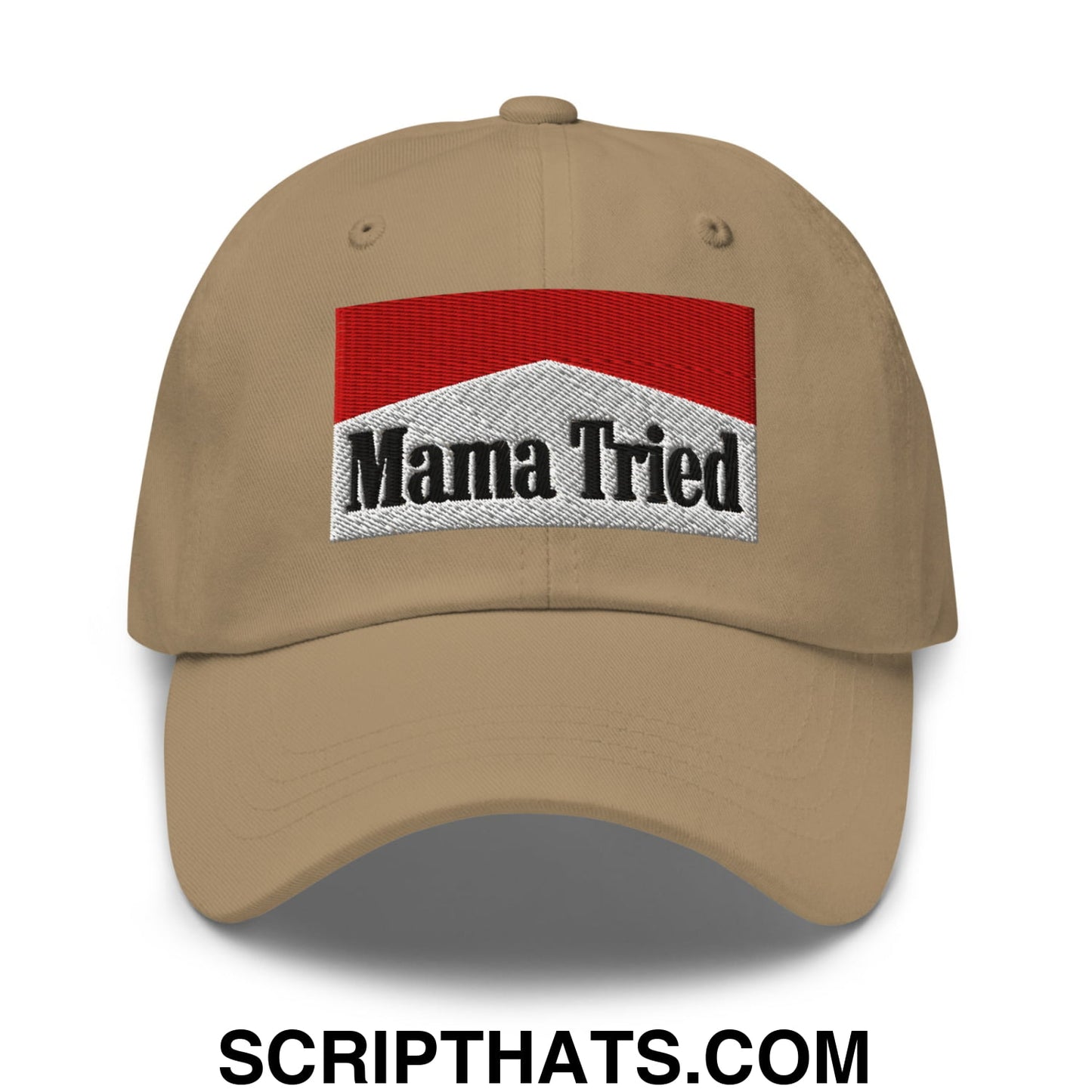 Mama Tried Cigarette Red Embroidered Unstructured Dad Hat Khaki