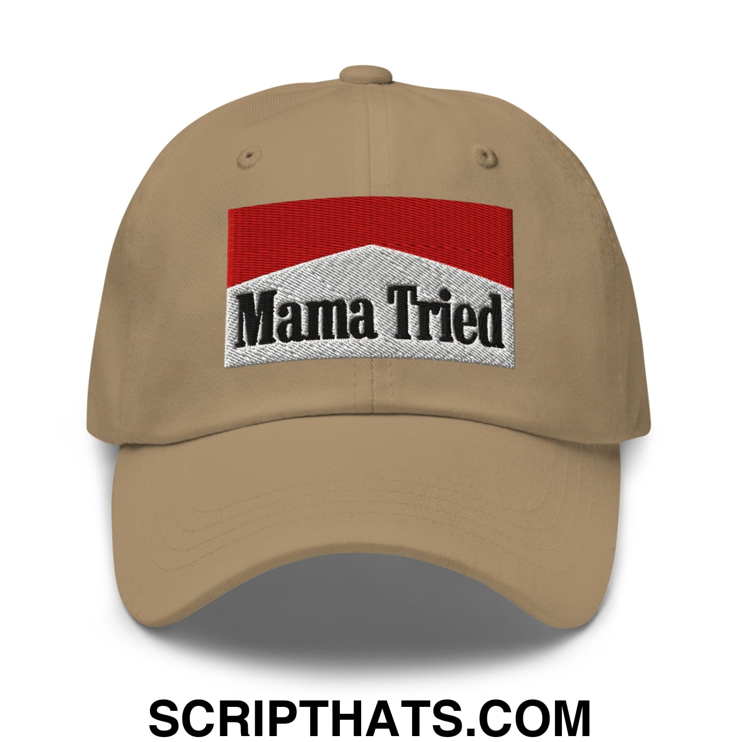 Mama Tried Cigarette Red Embroidered Unstructured Dad Hat Khaki