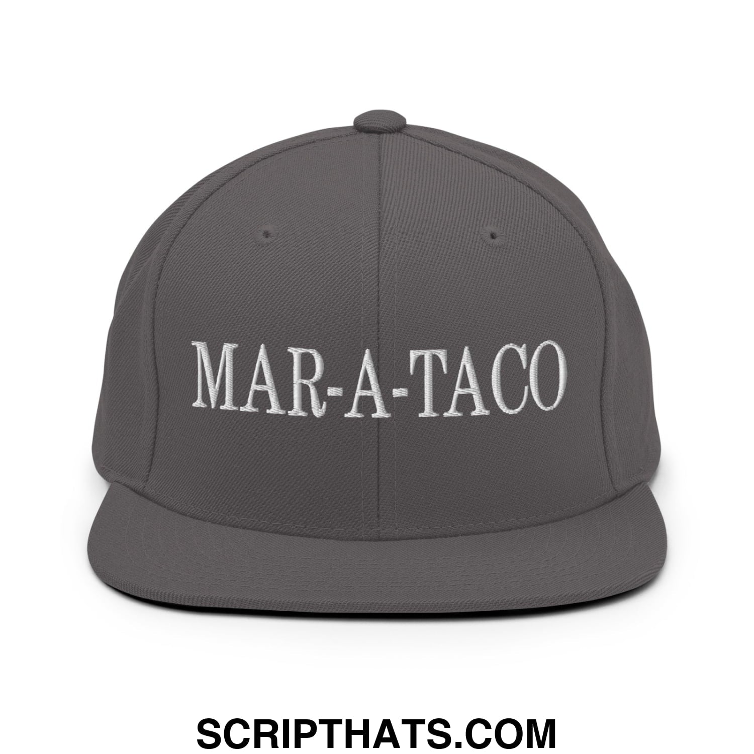 Gray snapback hat with a flat bill brim and white embroidered mar-a-taco text on the front panel