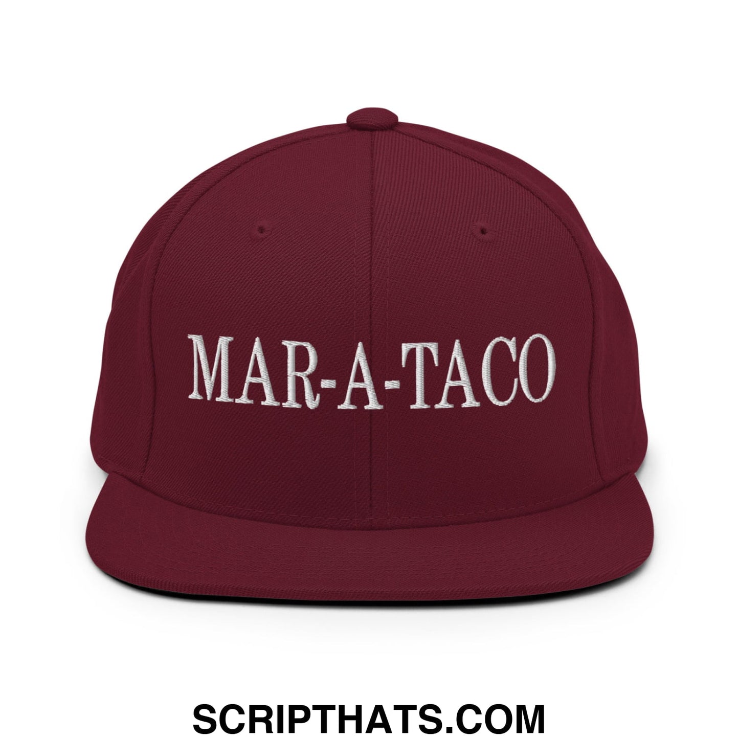 Maroon snapback hat with white embroidered mar-a-taco text and flat bill brim for casual wear