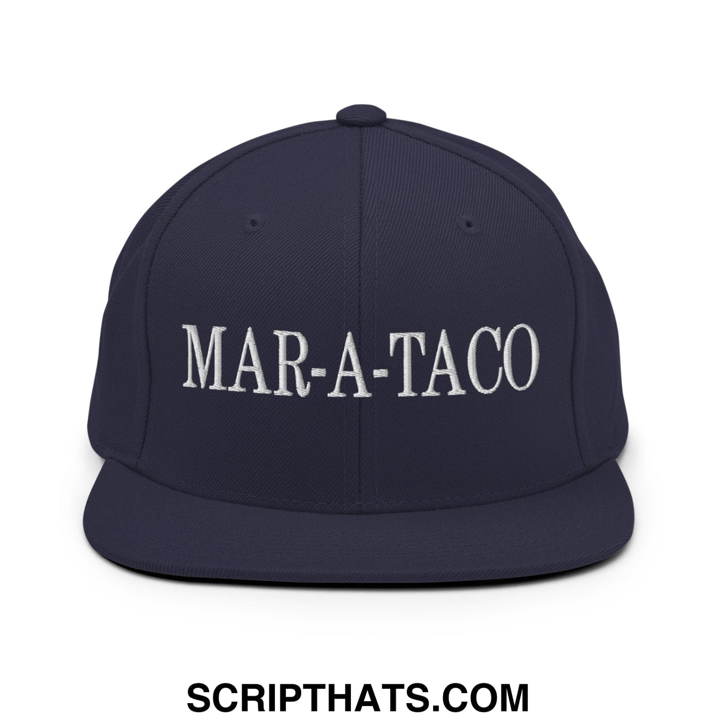 Navy blue flat bill snapback hat with white embroidered mar-a-taco lettering and adjustable back closure
