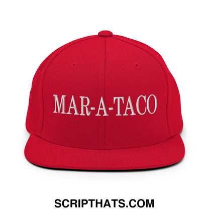 Red flat bill snapback hat with white embroidered mar-a-taco text on front in a casual streetwear style