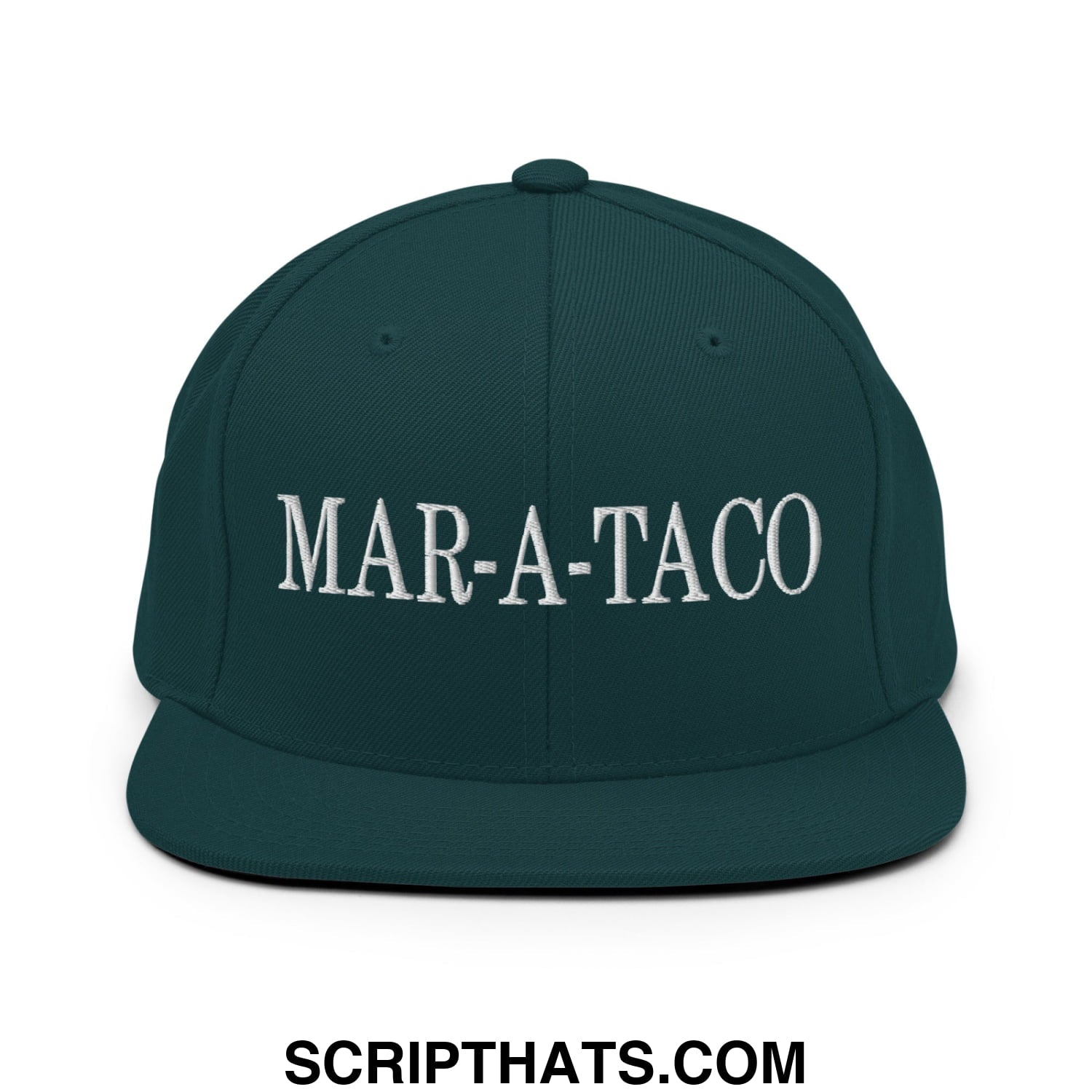Dark green snapback cap with white embroidered mar-a-taco lettering and flat bill brim for casual wear