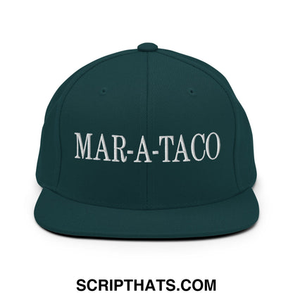 Dark green snapback cap with white embroidered mar-a-taco lettering and flat bill brim for casual wear