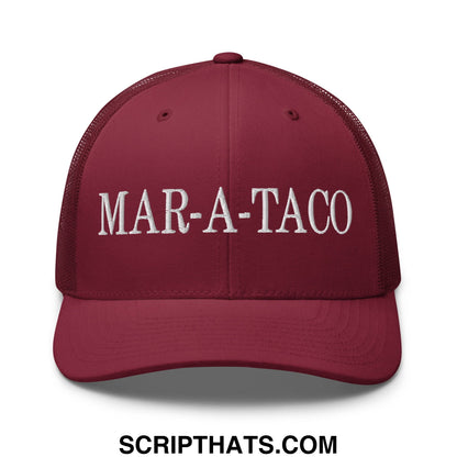 Maroon mesh trucker hat with white embroidered mar-a-taco text on front panel for casual wear