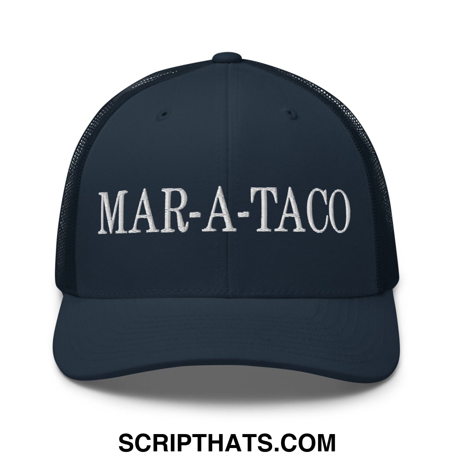 Dark navy mesh trucker hat with white embroidered mar-a-taco text across the front panel